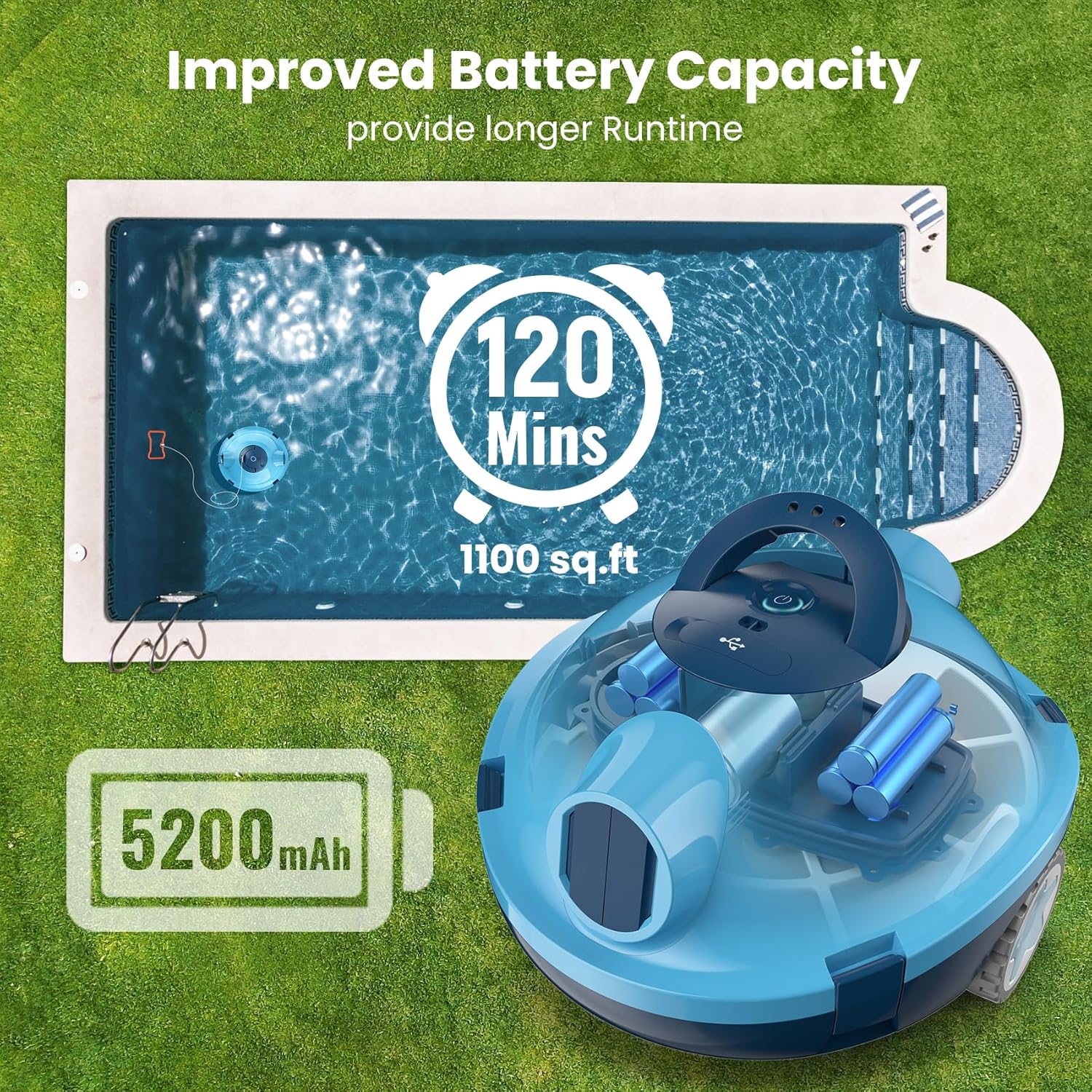 Y10 Cordless Robotic Pool Cleaner, Automatic Pool Vacuum -120 Mins Runtime, Powerful Suction, Self-Parking, Lightweight for Above/Inground Pools Up to 65ft/1100 Sq.Ft