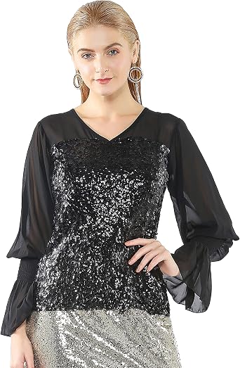 Metme Women's Sequin Top Blouse V Neck 