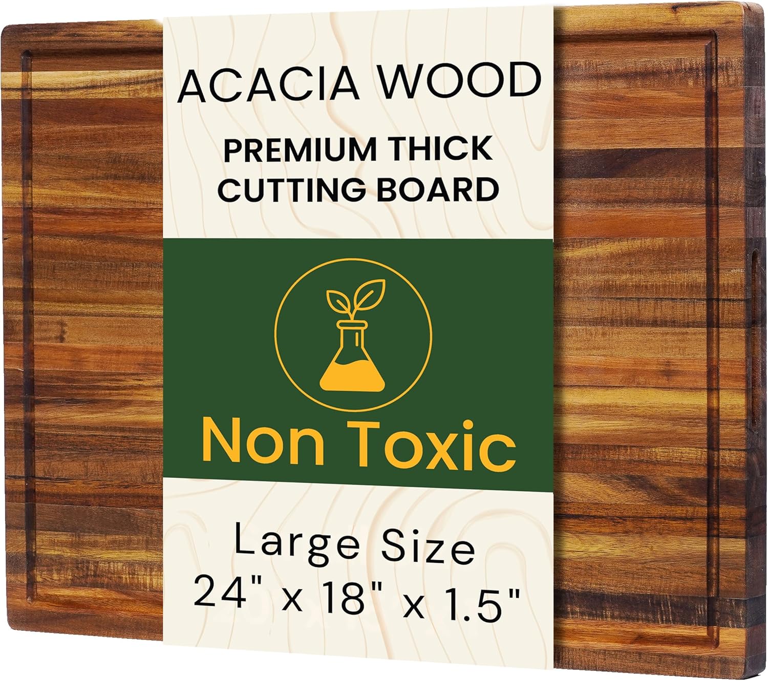 Premium Acacia Wood Cutting Board, 24" x 18" x 1.5" Thick Butcher Block for Meat, BBQ, Brisket & Meal Prep, Deep Juice Groove, Solid Hardwood, Non Toxic, BPA/Plastic Free by New M Way