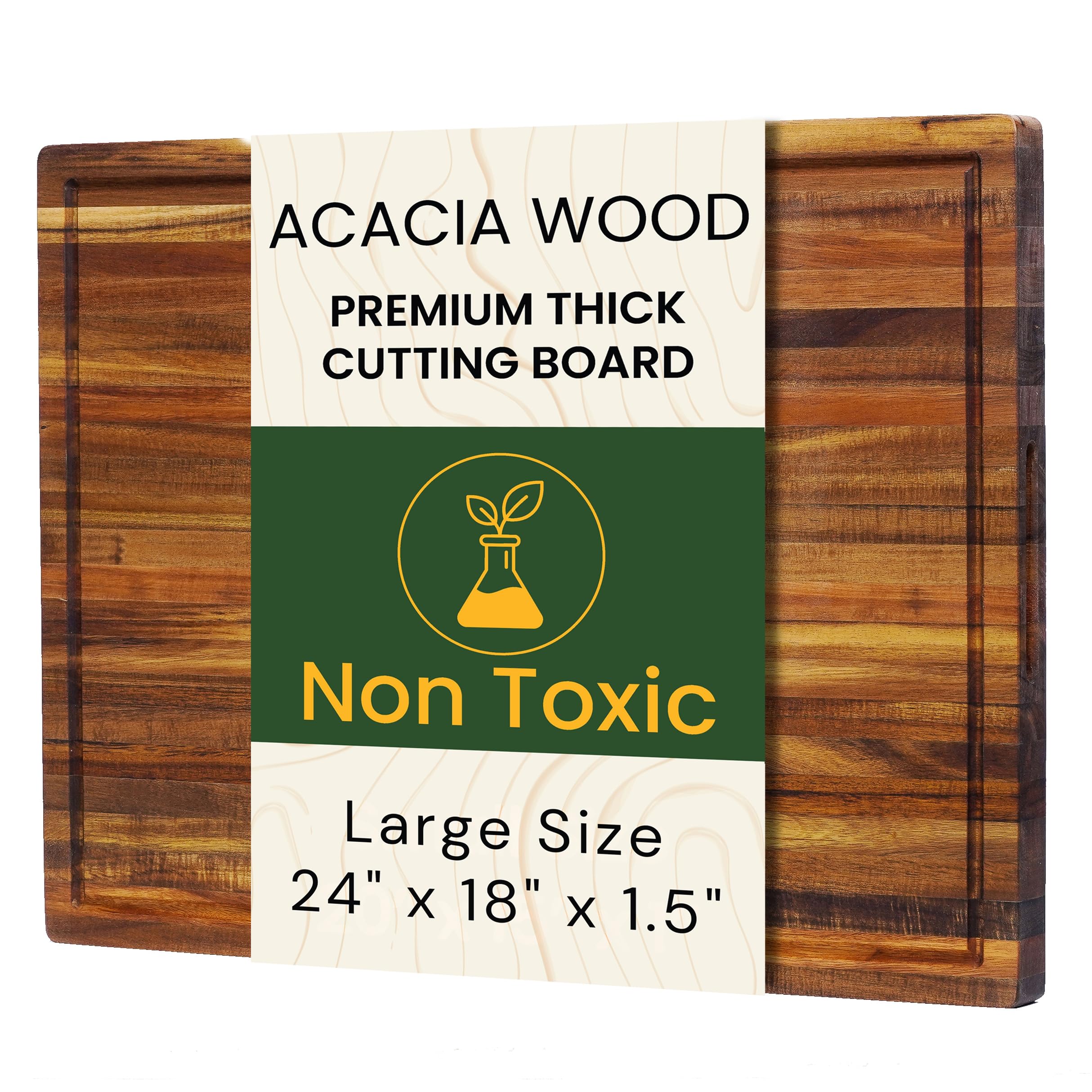 Premium Acacia Wood Cutting Board, 24" x 18" x 1.5" Thick Butcher Block for Meat, BBQ, Brisket & Meal Prep, Deep Juice Groove, Solid Hardwood, Non Toxic, BPA/Plastic Free by New M Way