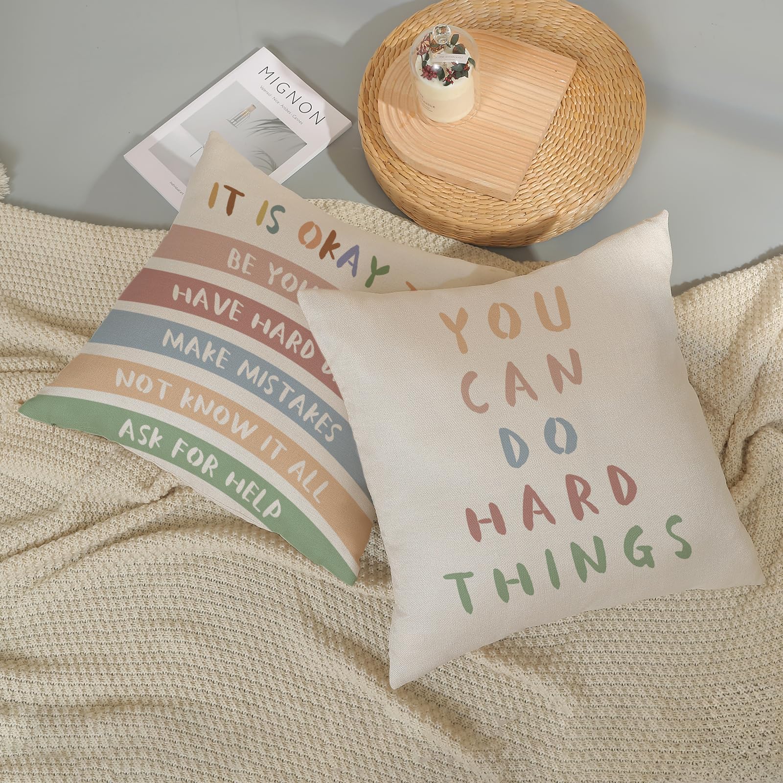 Reading Pillow Set Of 4 Positive Affirmation Pillow Covers - 18x18 Inch Boho Classroom Decor Positive Affirmations Decorative Pillow Cases For Classroom