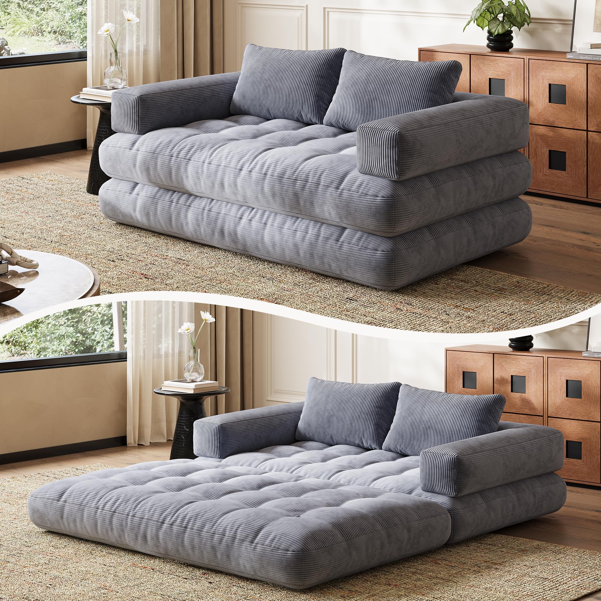 Schlafsofa Cord 2 Sitzer, Klappbares Bodensofa mit Kissen, Grau