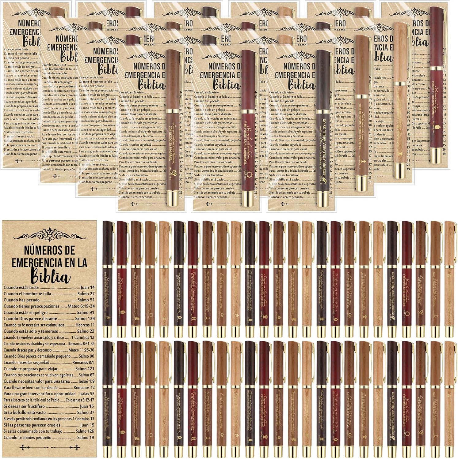 Feifeiya 50 Sets Fathers Day Christian Gifts Bible Bulk Emergency Number Bookmark Scripture Religious Pen for Men Church Welcome Sunday School Favors (Spanish)