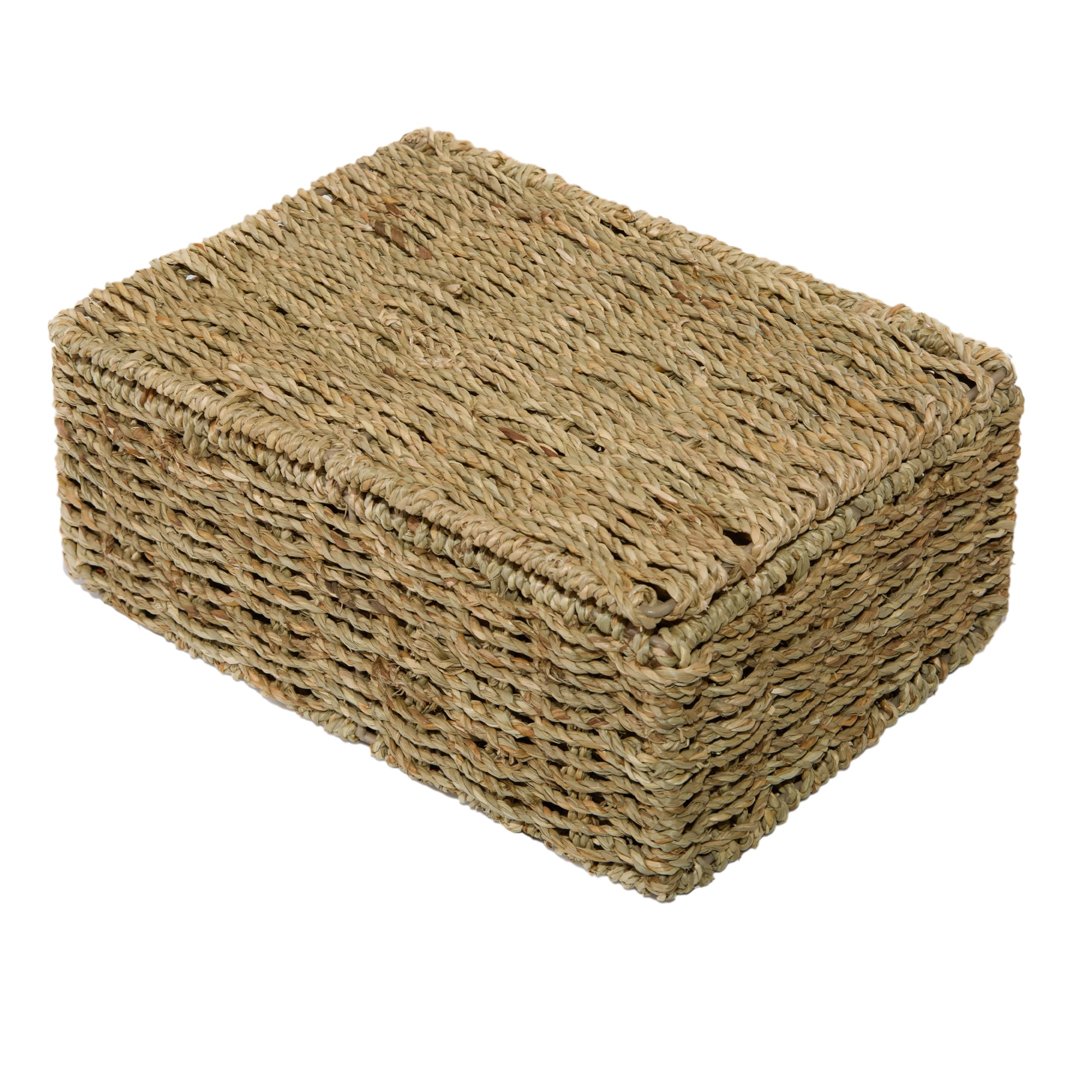 Wickerfield Natural 3Pcs Seagrass Basket With Lid, Woven Storage Box, Empty Gift Hamper, Bathroom And Home Storage For Shelves
