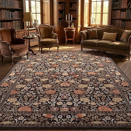 GarveeHome Brown Vintage Floral Washable Rugs 5x7 for Living Room Black Boho Botanical Retro Rug Low Pile Stain Resistance Non Slip Carpet for Bedroom Nursery Dining Room