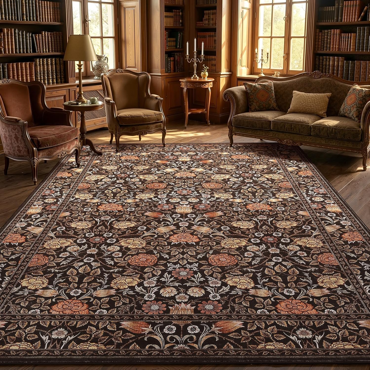 GarveeHome Brown Vintage Floral Washable Rugs 5x7 for Living Room Black Boho Botanical Retro Rug Low Pile Stain
