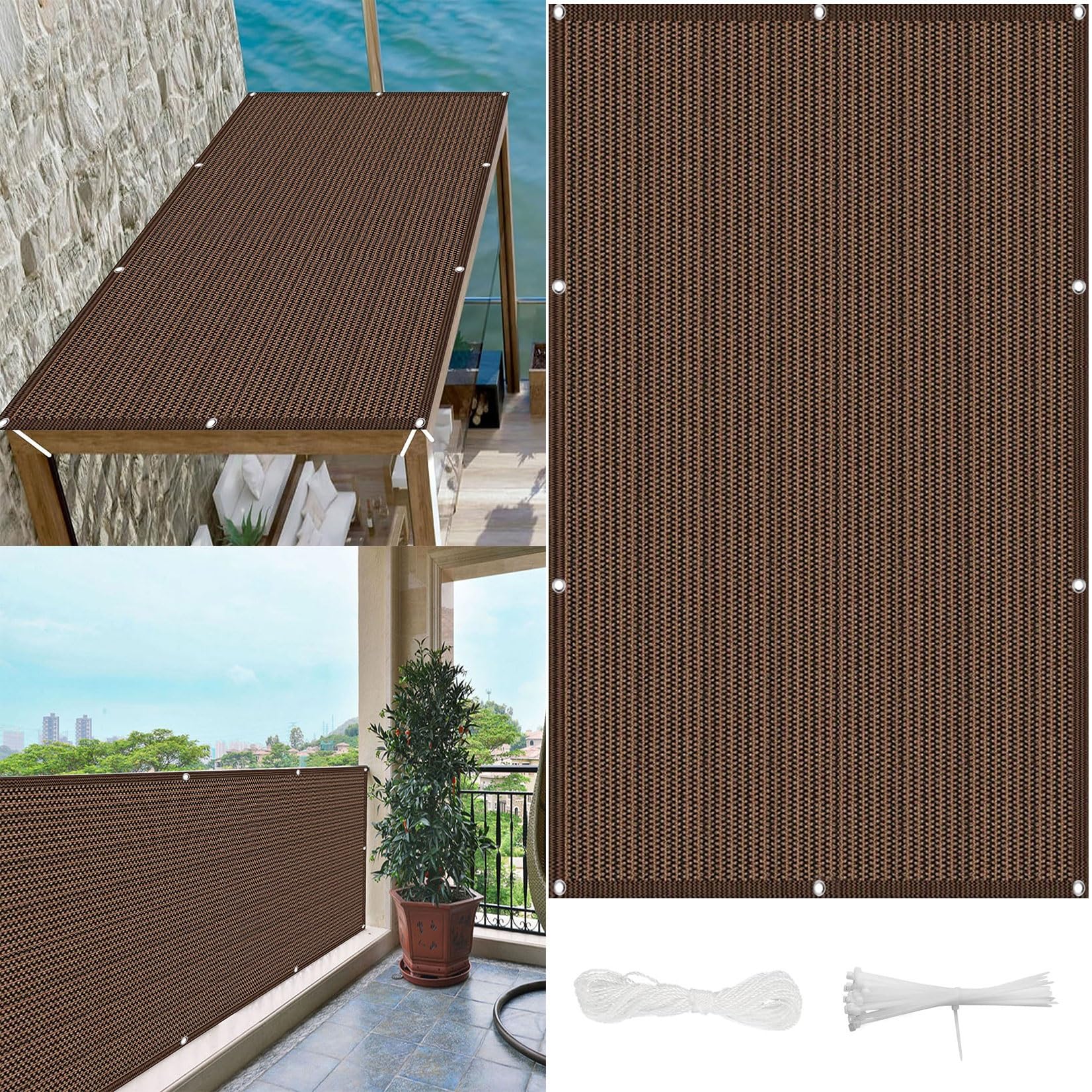 Voile d'ombrage brise-vent jardin extérieur marron 140 x 650 cm avec oeillets et cordons