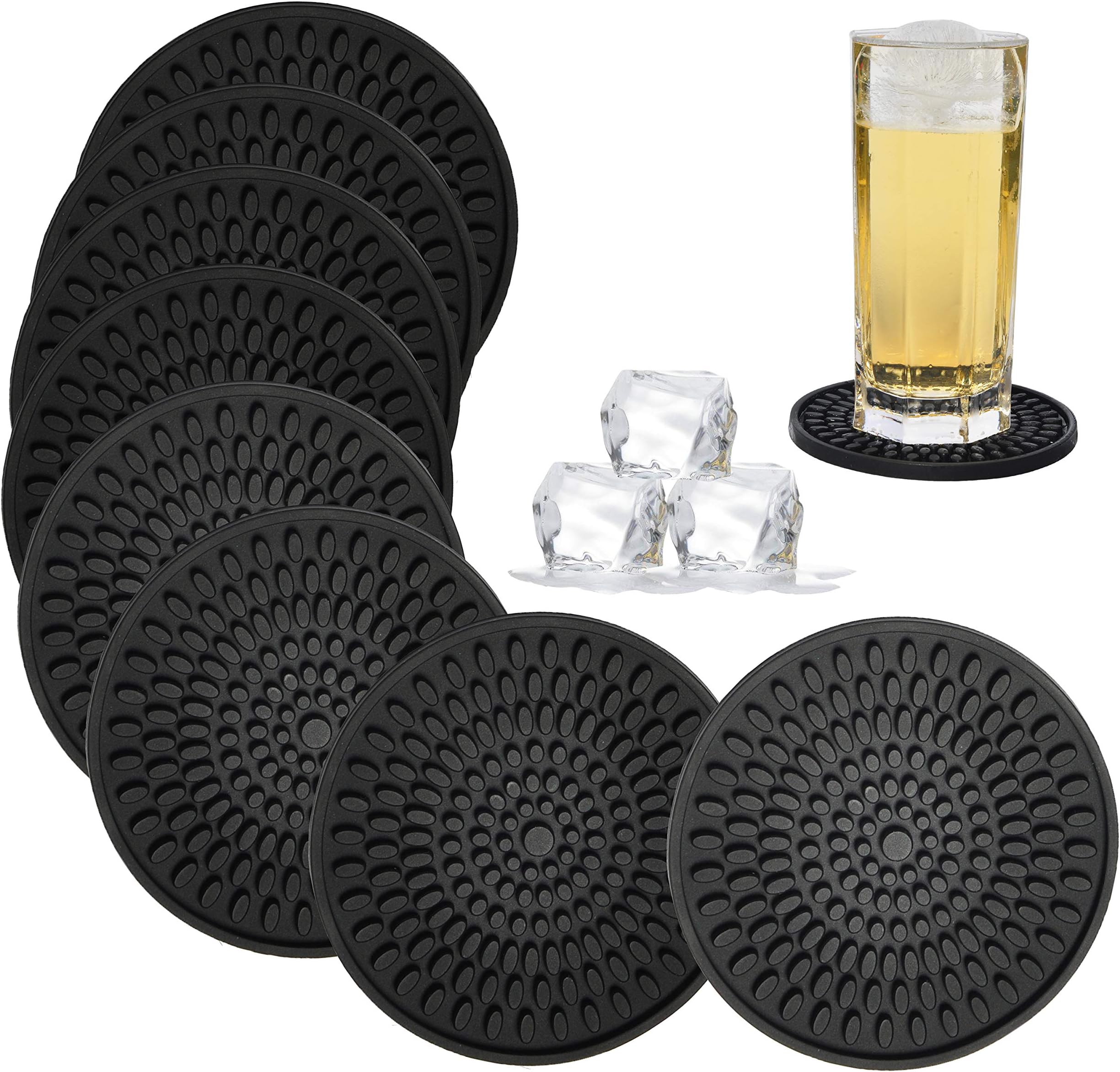 KindGa Coasters for Drinks Black, Absorbent Rubber Coaster Set, Silicone Drink Coasters for Large Mug/Cup/Bottle, Deep Tray 4.3 Inch Oval Shape Jar Opener Heat-Resistant Grips (Set of 8)