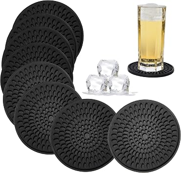 KindGa Coasters for Drinks Black, Absorbent Rubber Coaster Set, Silicone Drink Coasters for Large Mug/Cup/Bottle, Deep Tray 4.3 Inch Oval Shape Jar Opener Heat-Resistant Grips Set of 8