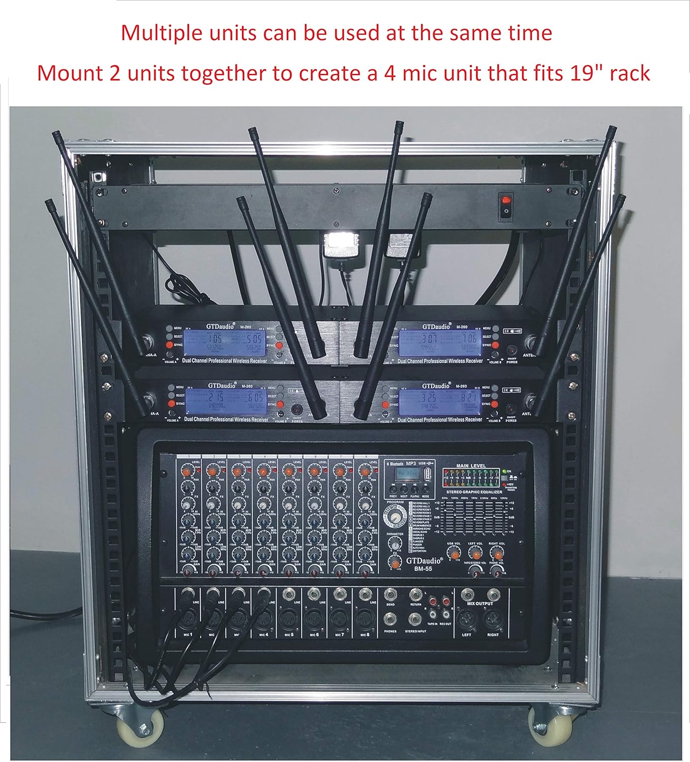 Multiple GTD Audio wireless microphone systems installed in a professional equipment rack