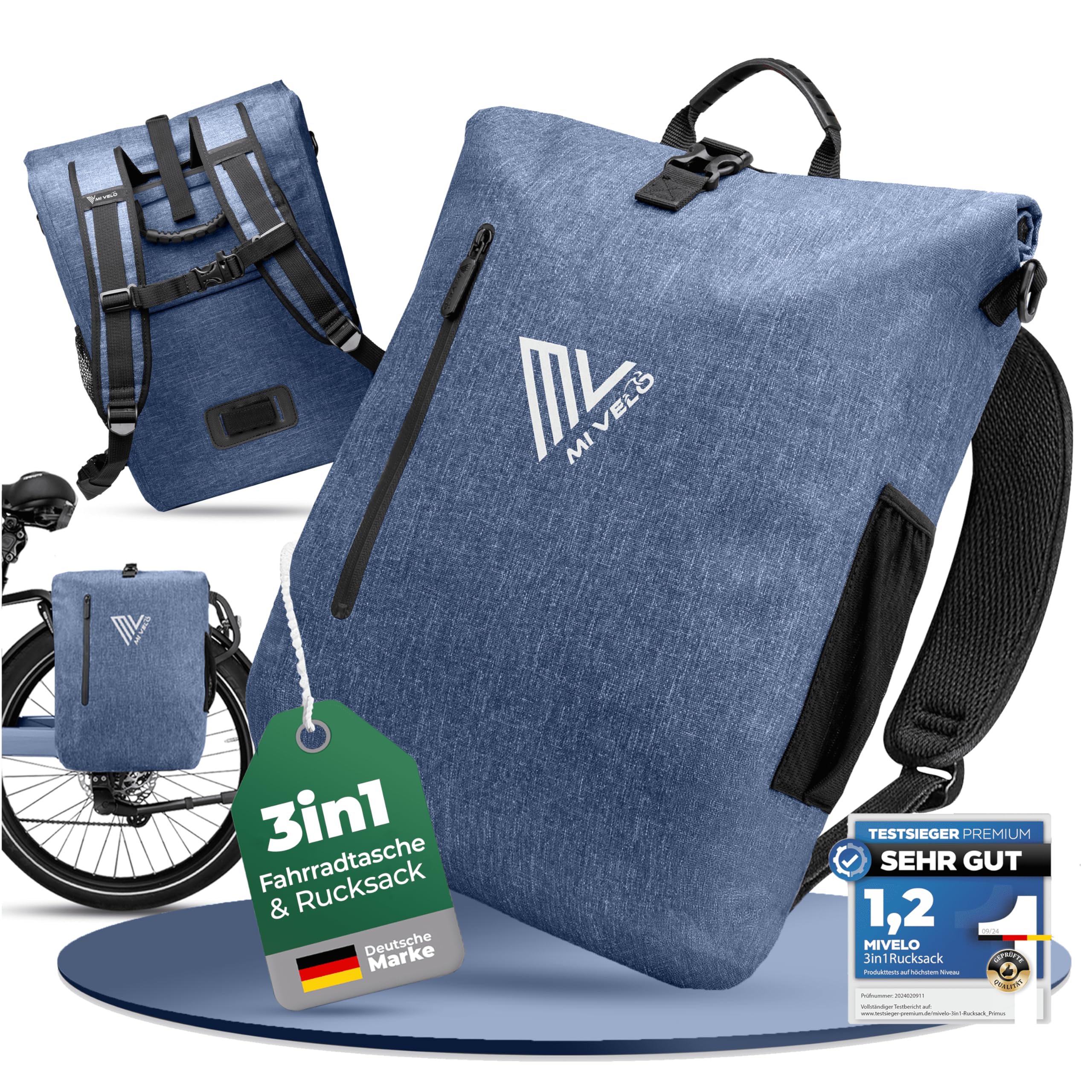 MIVELO - 3in1 Fahrradtasche für Gepäckträger, 100% wasserdicht & PVC-frei, Fahrradtasche Rucksack & Umhängetasche, Fahrrad Tasche Gepäckträgertasche (Jeans-blau, 20L)