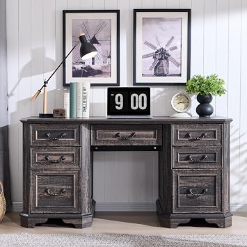 T4TREAM Farmhouse Executive Desk with Drawers,59" Wood Home Office Desk with Charging Station,File Cabinet Storage,Keyboard Tray,Ideal for Work and Study,Dark Rustic Oak