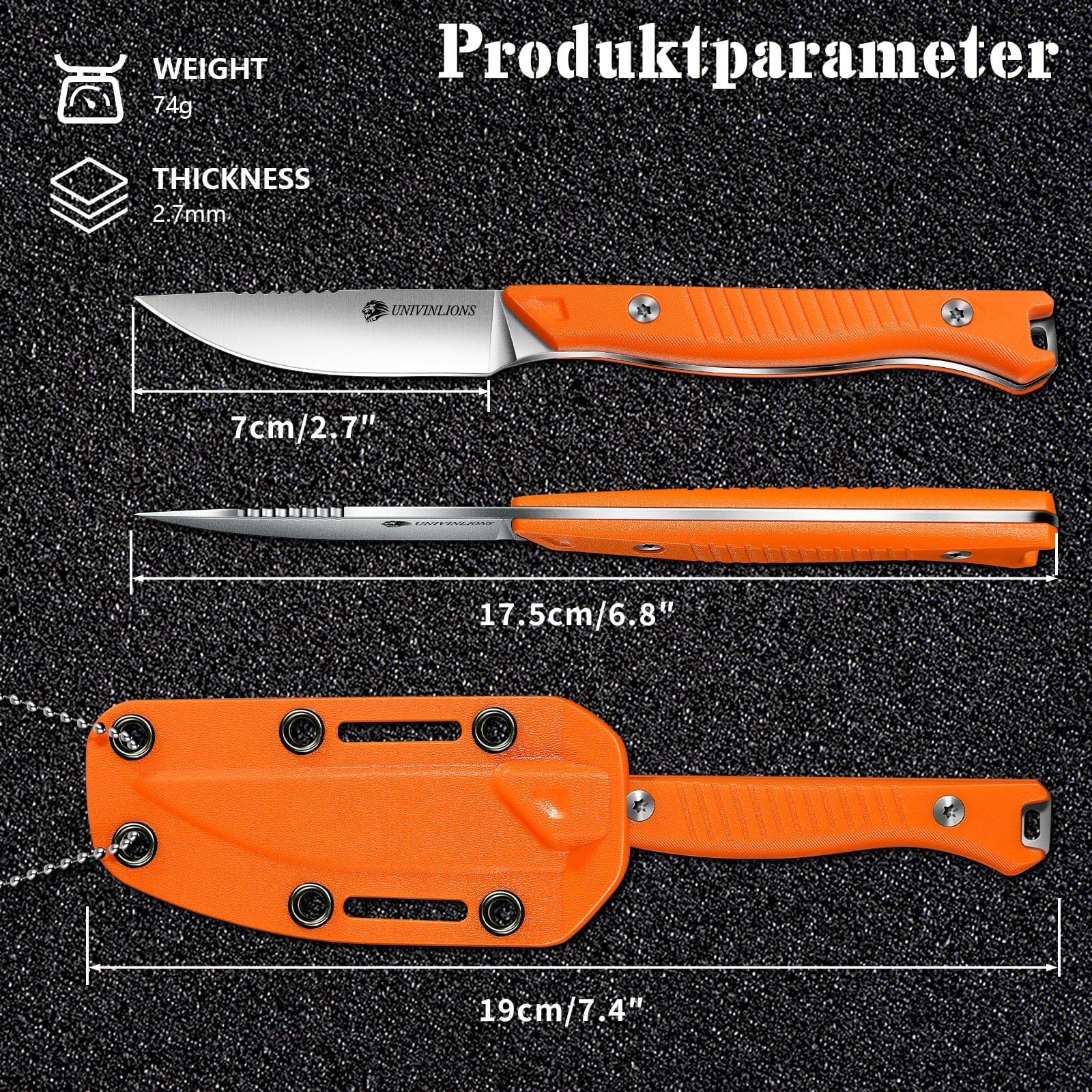 Neck Knife Outdoor Messer, D2-Edelstahl Survival Feststehendes Messer Halskette, mit Kydex Scheide Jagdmesser, G10 Griff Mini EDC Messer,Geschenk für Männer Orange