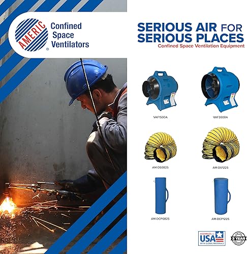 Miniatura 4 de Schaefer VAF1500A - Ventilador portátil Americ para espacios confinados de 8 pulgadas, fabricado en Estados Unidos, 1/4 HP, 877CFM, azul