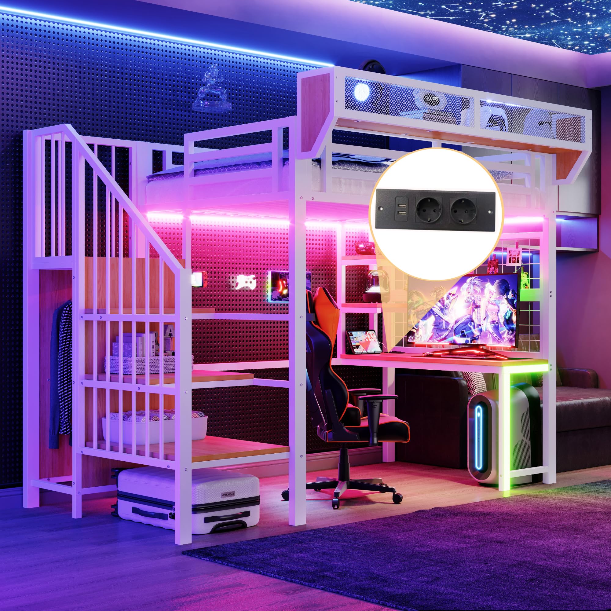 Dolamaní Letto a soppalco 90 × 200 cm in metallo con scala di sicurezza e armadio, altezza 191 cm letto con ripiani in rete rimovibili, illuminazione a LED, scrivania (bianco C)