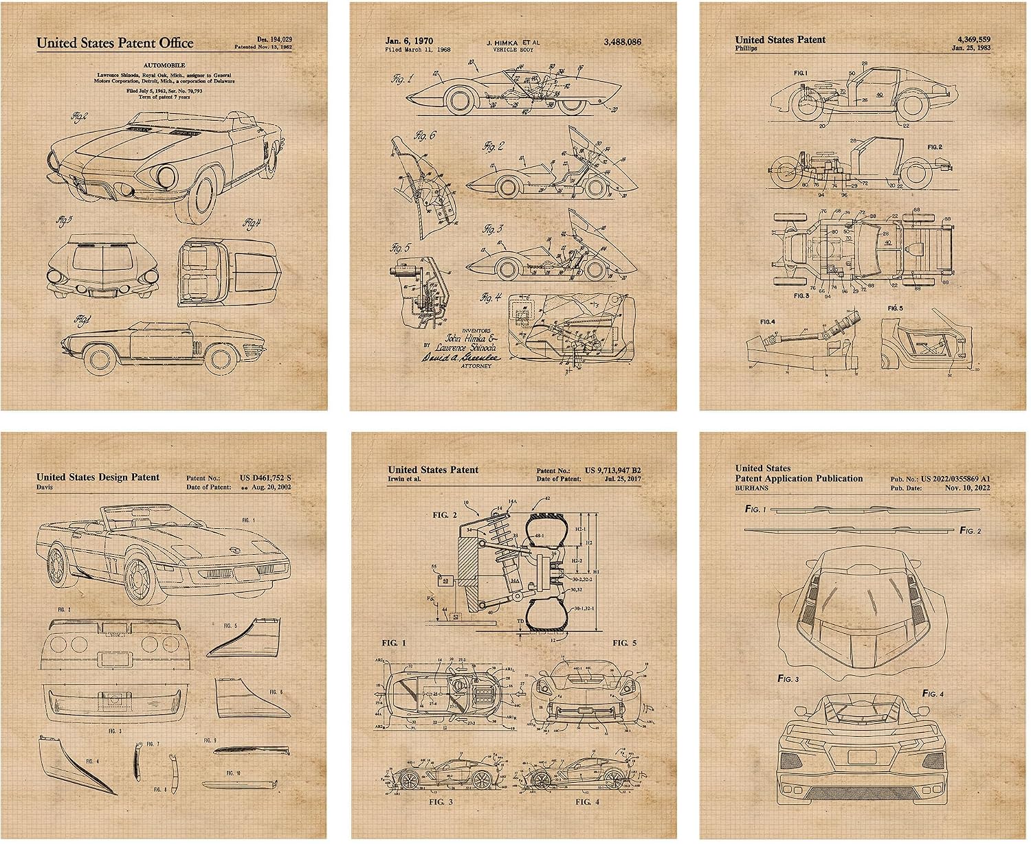 Classic Stingray Automobile Patent Prints, 6 (8x10) Unframed Photos, Wall Art Decor for Home Work Office Corvette V8 Engine Muscle Car Garage Parts Shop School Student Teacher Coach Team Racing