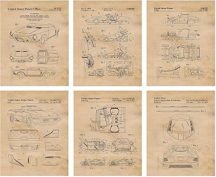 Classic Stingray Automobile Patent Prints, 6 8x10 Unframed Photos, Wall Art Decor for Home Work Office Corvette V8 Engine Muscle Car Garage Parts Shop School Student Teacher Coach Team Racing