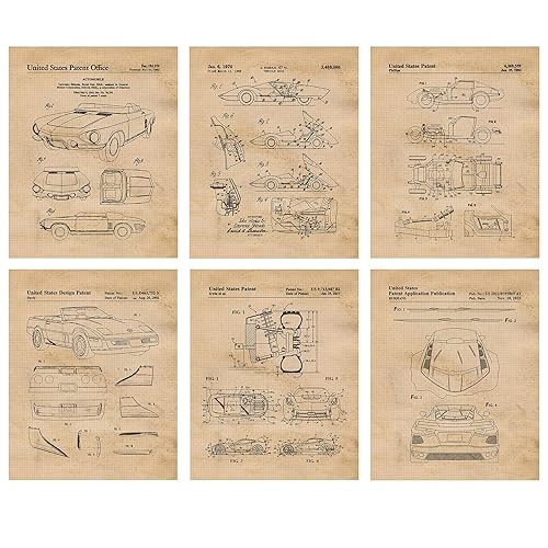 Vintage Stingray Car Patent Prints, 6 (8x10) Unframed Photos, Wall Art Decor for Home Office Corvette Auto Garage Engineer Student Teacher Coach V8