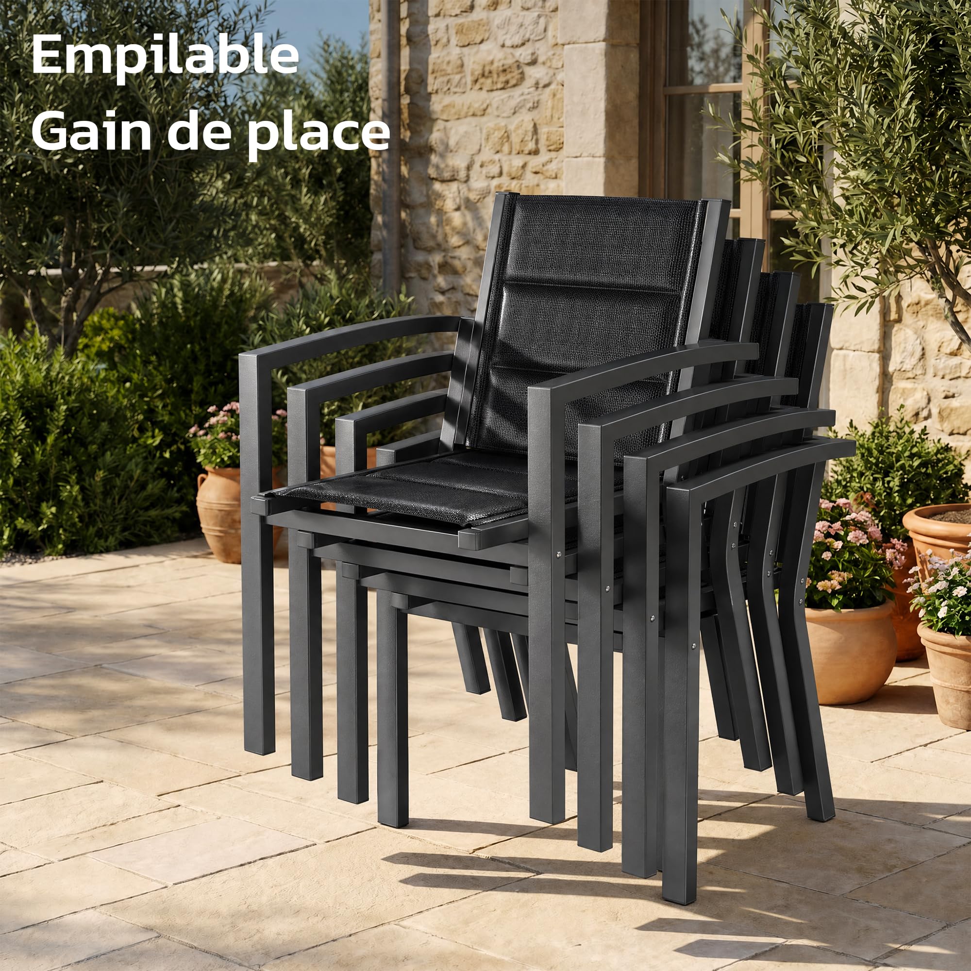 JUMMICO Gartenmöbel Set Aluminium Balkonmöbel Set Terrassenmöbel Gartentisch Ausziehbar 4 Stühle mit 1 Tisch, Gartenstühle Stapelbar und Leicht