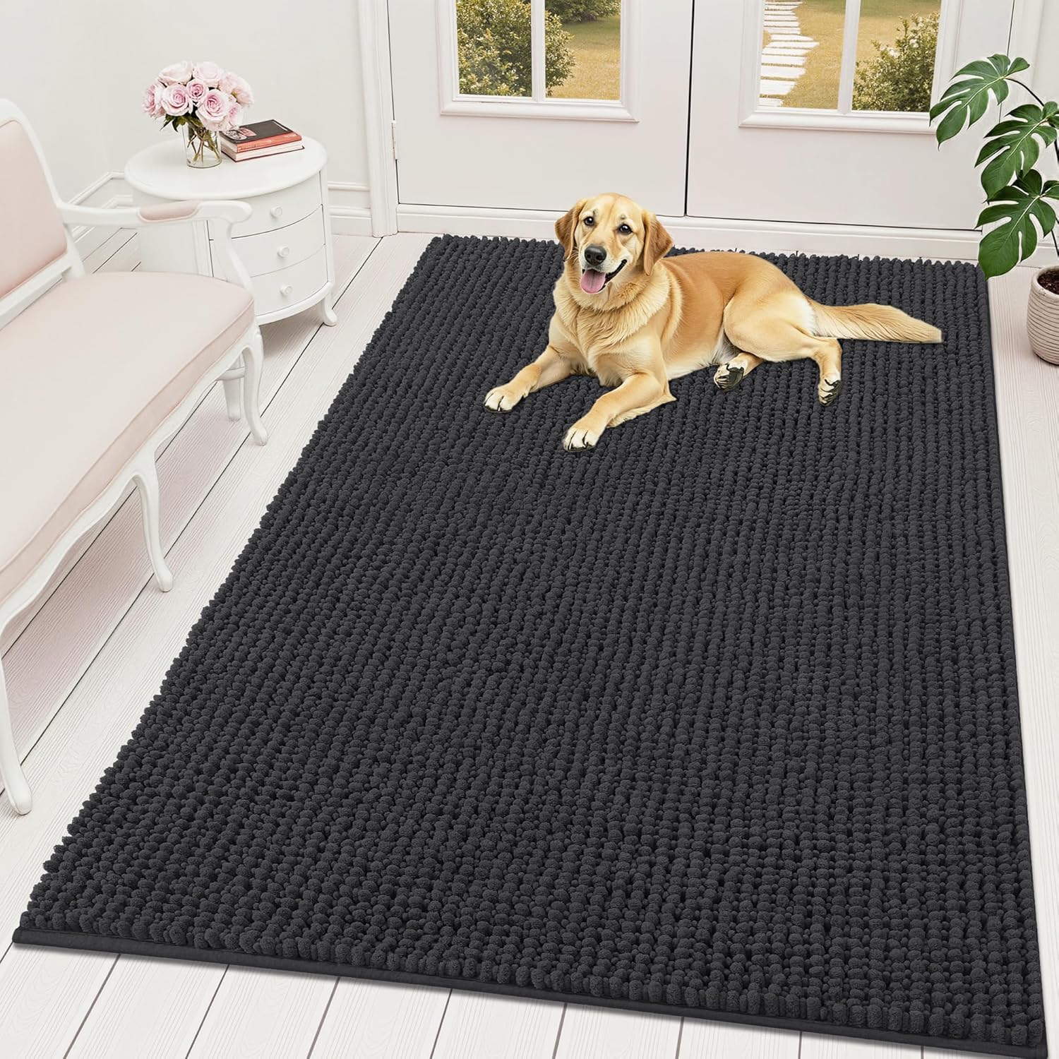 OLANLY Dog Door Mat for Muddy Paws 59x35, Ultra Absorbent Chenille Mud Doormat, Non-Slip Washable and Dirt Trapping Doormat for Indoor Entryway, Quick-Dry Indoor Pet Bed Mats for Dogs, Dark Grey