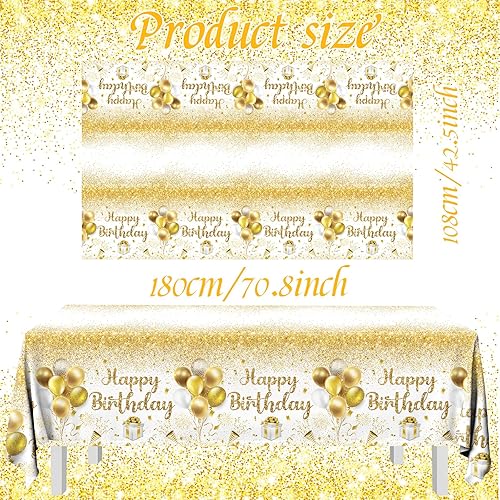 Miniatura 6 de Manteles de feliz cumpleaños, decoraciones de fiesta de cumpleaños dorado y blanco, 3 piezas, funda desechable de confeti dorado para interiores o