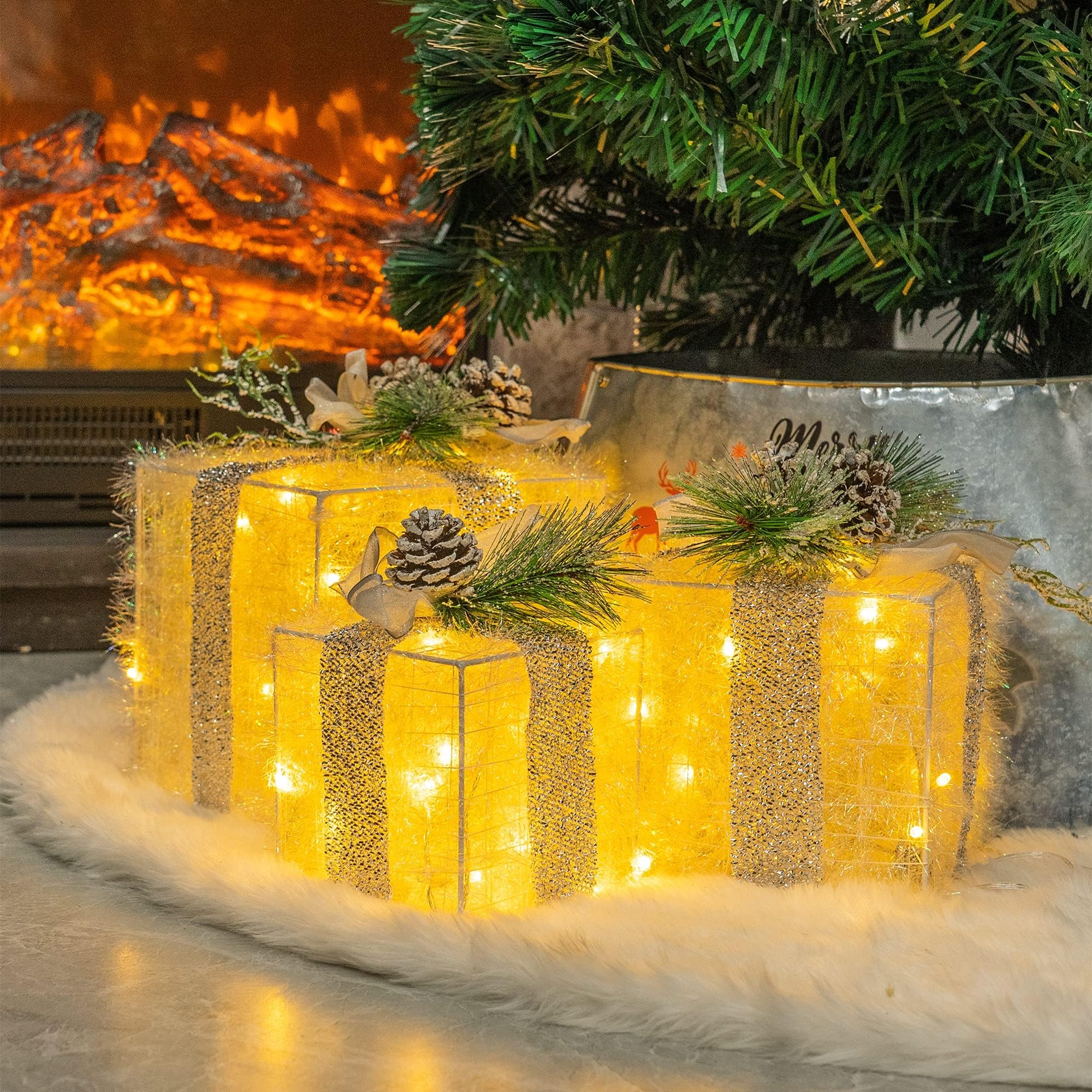 Set of 3 Christmas Warm White Lighted Gift Boxes