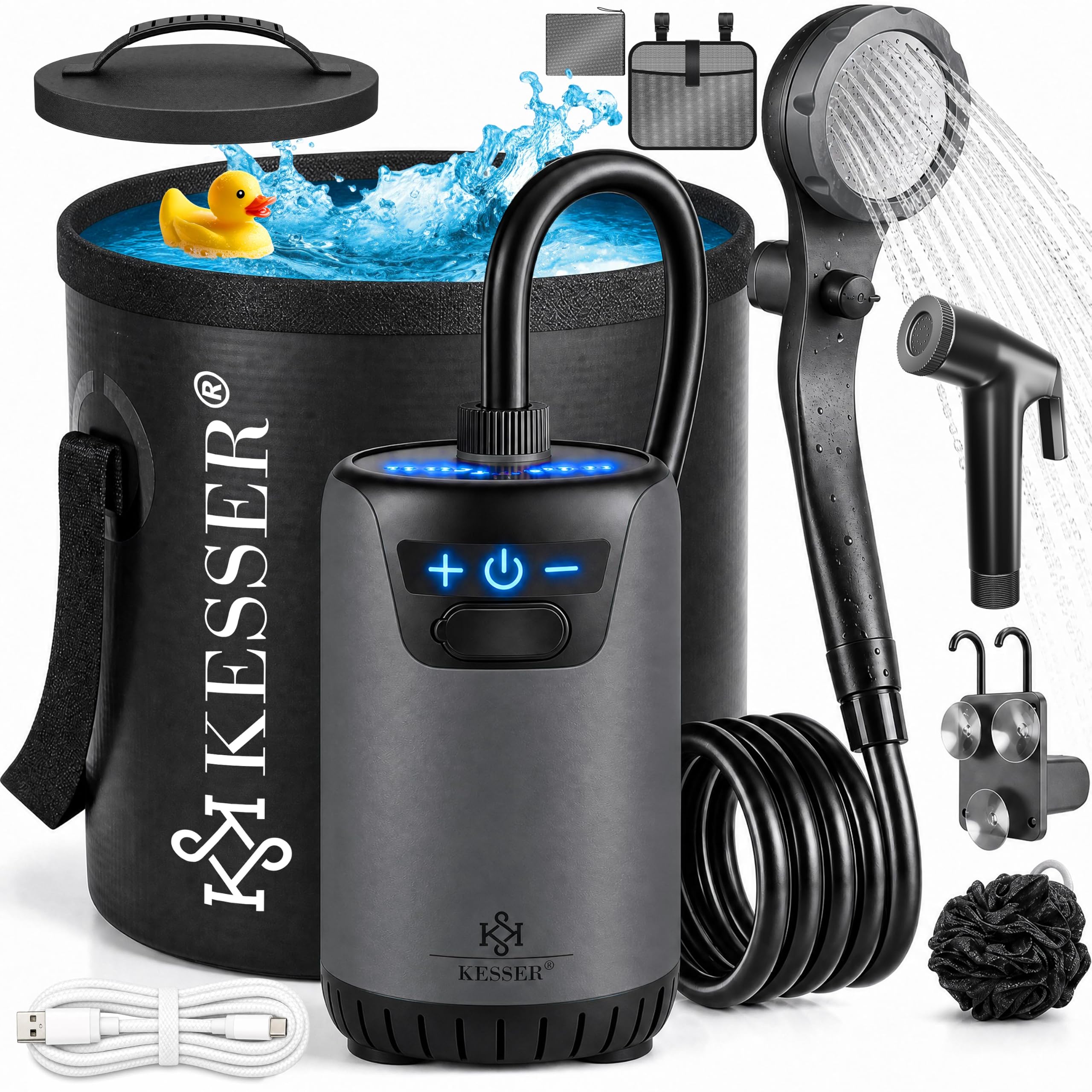 KESSER® Doccia solare da campeggio con pompa e batteria ricaricabile da 4000 mAh, set doccia da campeggio con soffione doccia regolabile, tubo da 2 m, pistola a spruzzo e supporto