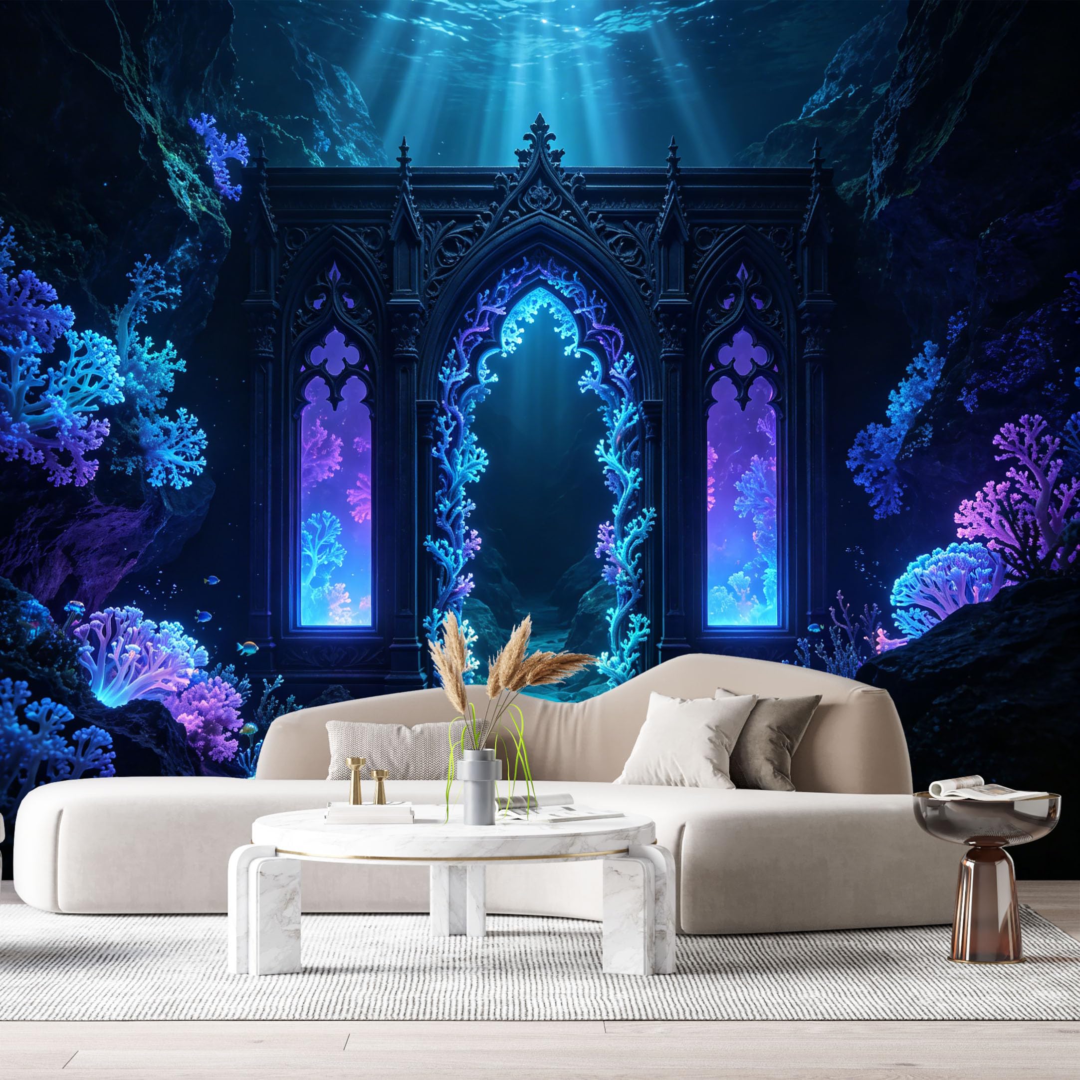 Custom Size Wall Murals Ocean Marine Gothic Ruin Bioluminescent Coral 3D Trompe L'Oeil SelfAdhesiveWall Fabric Removable Wallpaper Wall Decor for Living Room Bedroom Bathroom