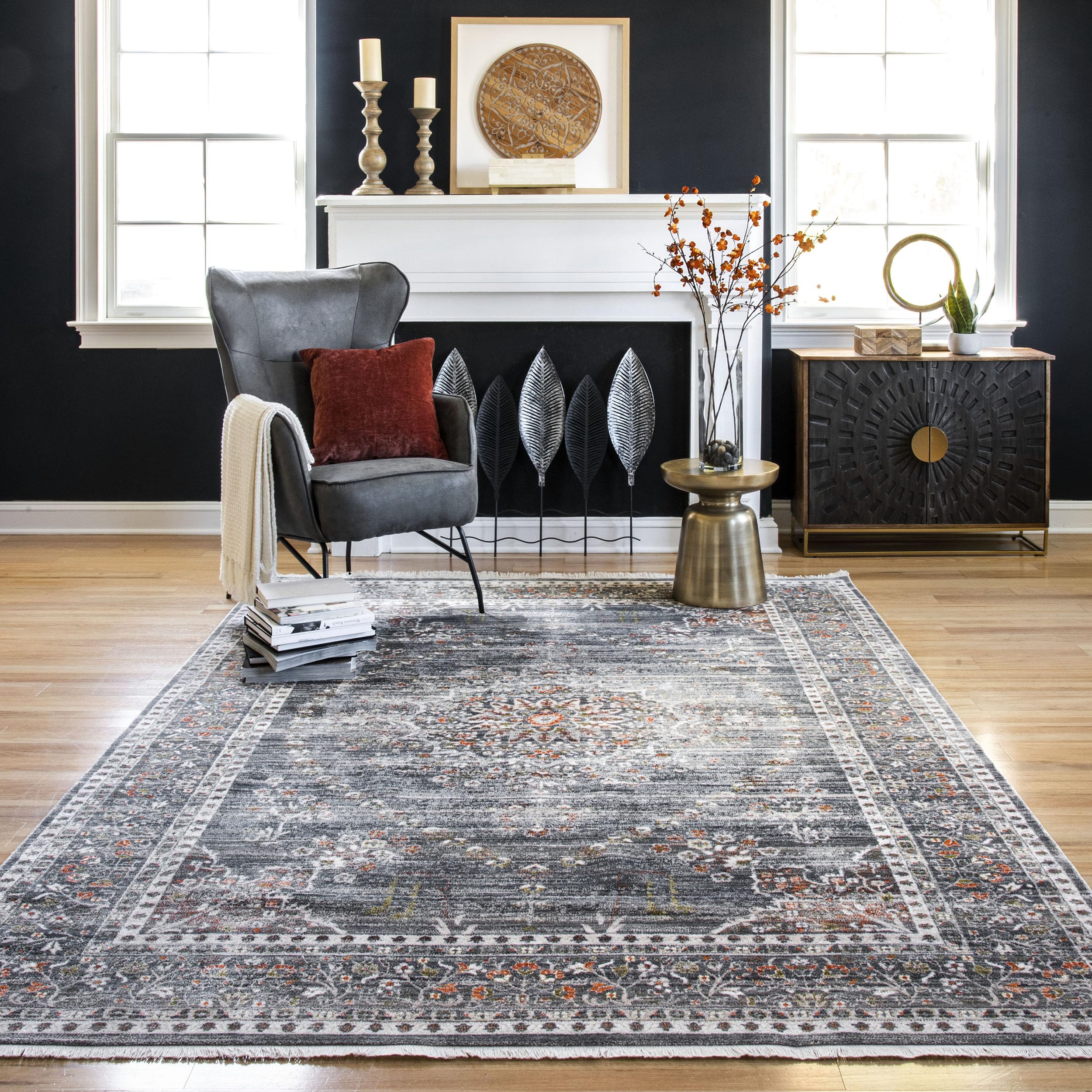 Nuloom Fringed Performance Penny Grey/Ivory, 5' x 7'9", Faded Oriental, Soft and Cozy, High Traffic, Stain Resistant, Easy Clean, Durable Area Rug for