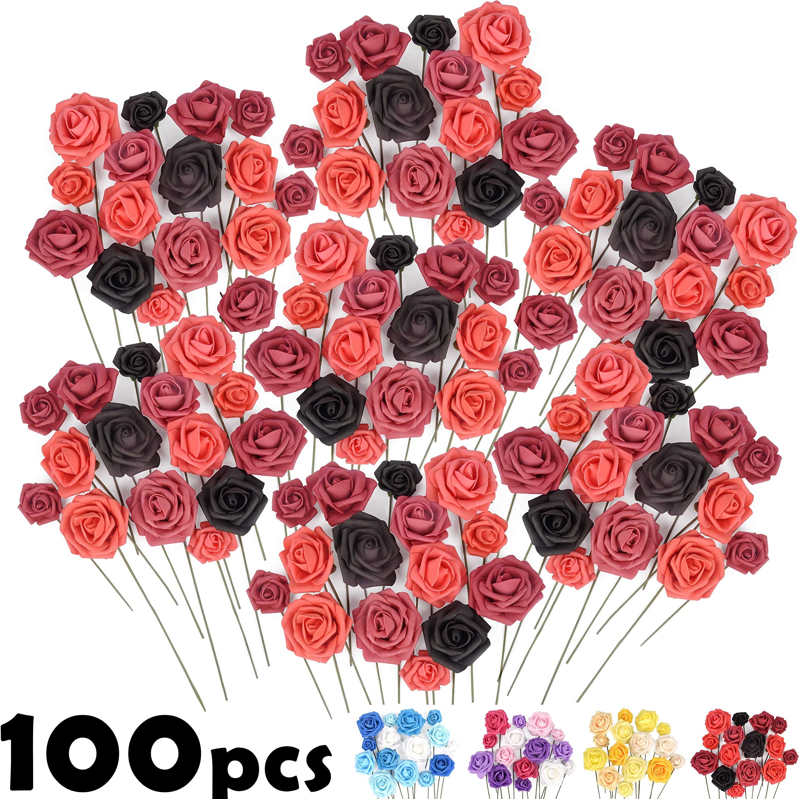 COOKOA 100 Artificial Rose Flowers for Wedding Party Decor Centerpiece Baby Shower- Fake Flower Bouquet with Stems and Leaves - Faux Red, White, Blue, Pink, Violet for Wall Letters