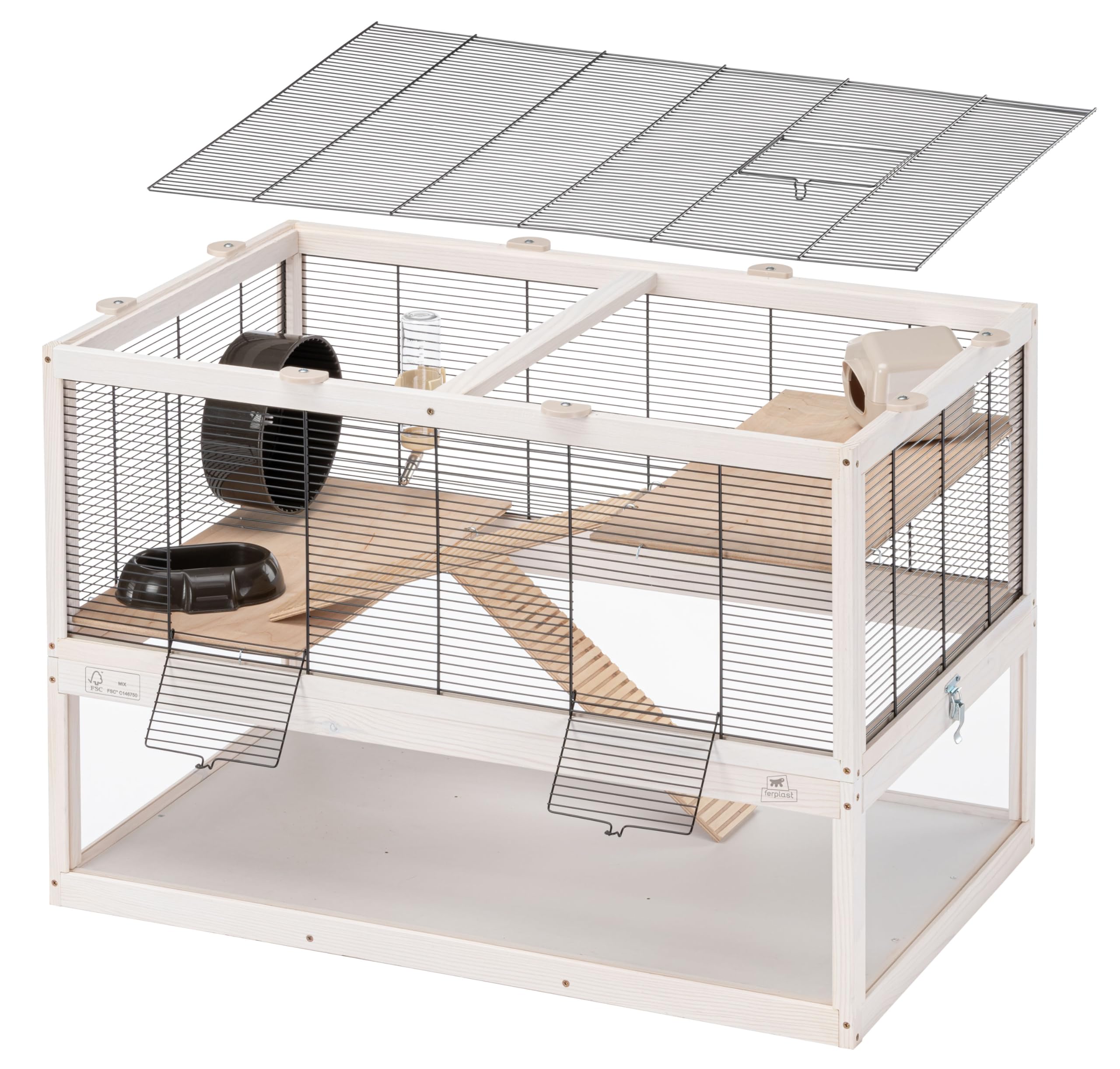 Ferplast Gabbia per criceti DOMSTER, Gabbia per topi a 3 livelli, con accessori, piattaforme e scale, metallo verniciato e legno FSC, base trasparente, gabbia per criceti in legno 80 x 50 x h 56 cm