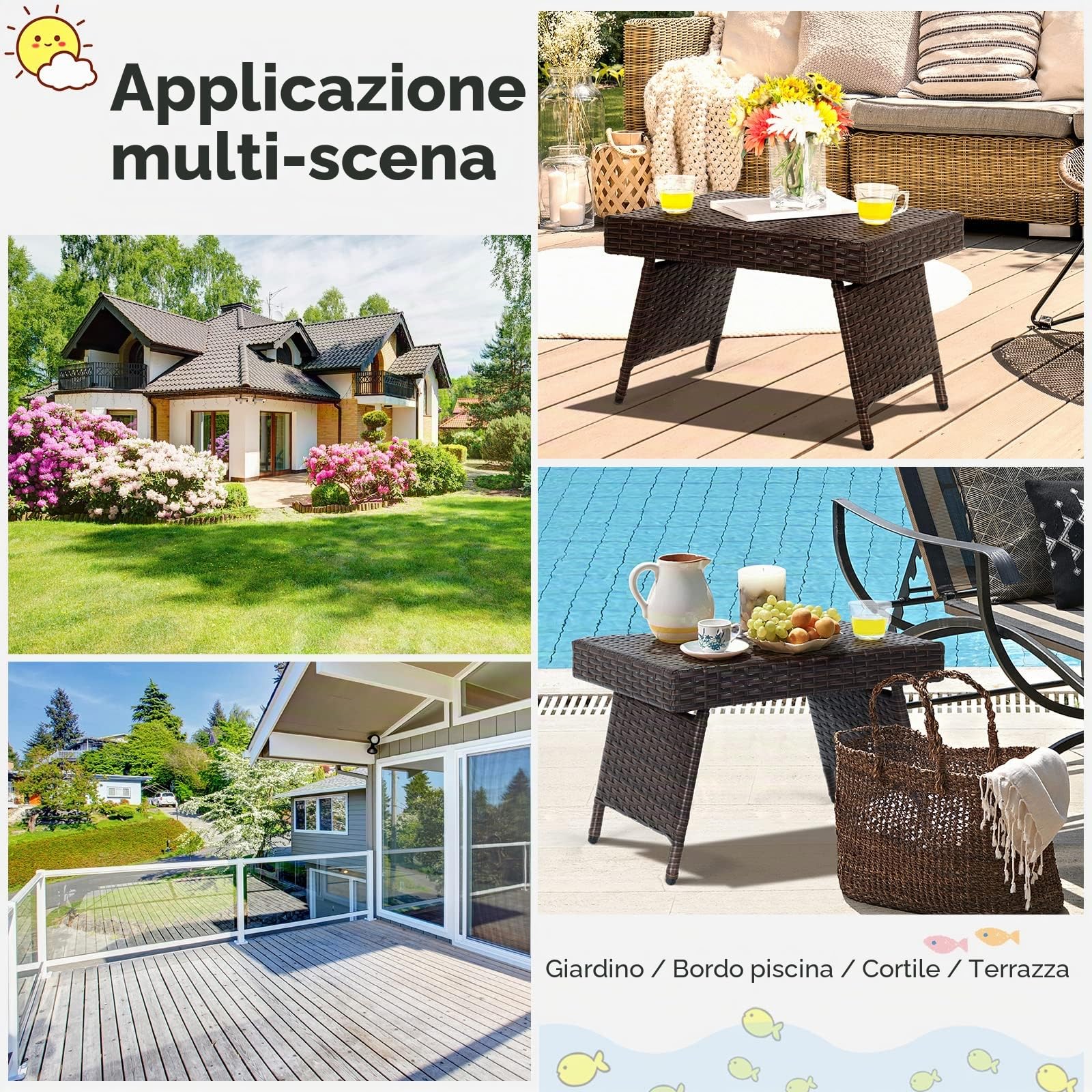 GIANTEX Tavolino Piegnevole in Rattan e Metallo, Tavolino Salvaspazio da Campeggio Leggero con Carico di 45 kg, Nessun Montaggio, Design Multiuso per all'Aperto/l'Interno, 60 x 40 x 40 cm