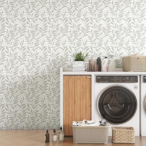 Miniatura 11 de Papel tapiz de hojas para despegar y pegar, bohemio, 17.3 x 78.8 pulgadas, color beige y blanco, papel tapiz autoadhesivo extraíble para baño