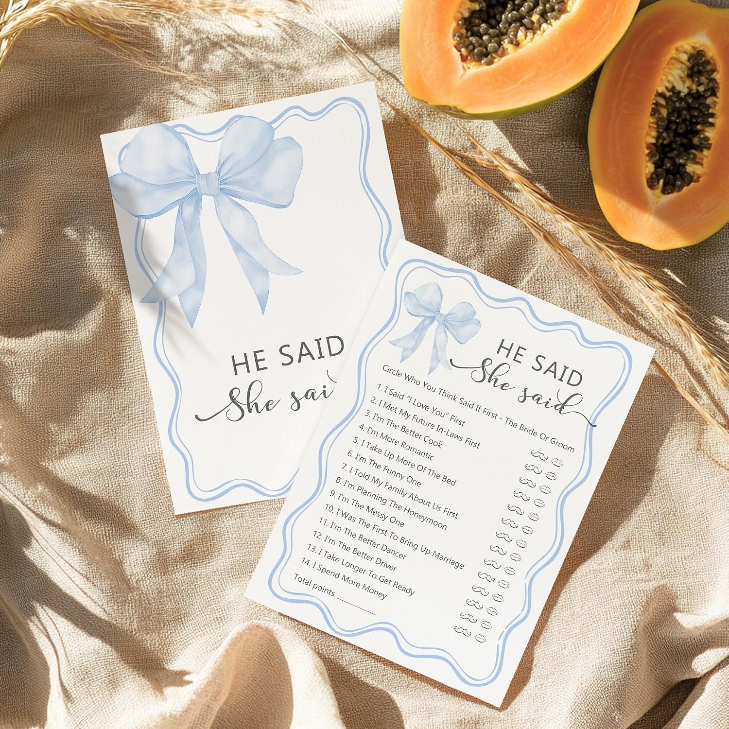 30 PCS Blue Bow Theme Bridal Shower Games, He Said She Said Wedding Shower Game for Newlyweds, Engagement Bachelorette Party Games for Bride Broom-A09