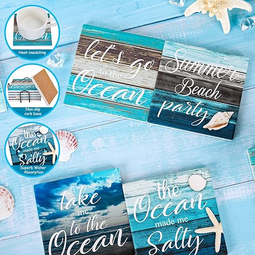 Miniatura 3 de Whaline Juego de 6 posavasos para bebidas, estilo granja, absorbente, cuadrado, para verano, playa, playa, posavasos de cerámica para tazas, tazas,