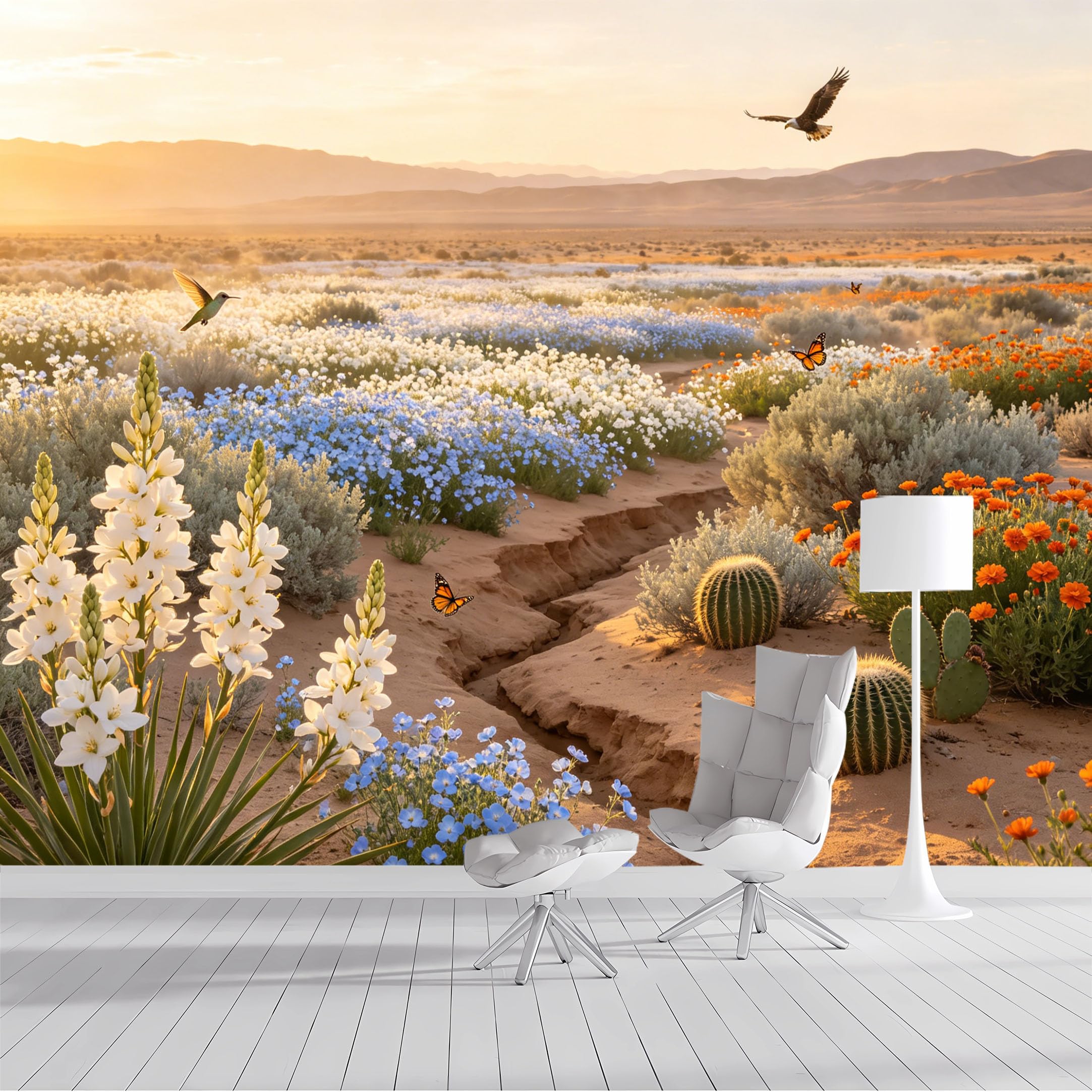 Custom Size Wall Mural Desert Oasis Wildflowers Sunset Eagle Hummingbird Butterfly Landscape Oil Painting SelfAdhesive Wall Fabric Removable Wallpaper for Living Room Bedroom Bathroom