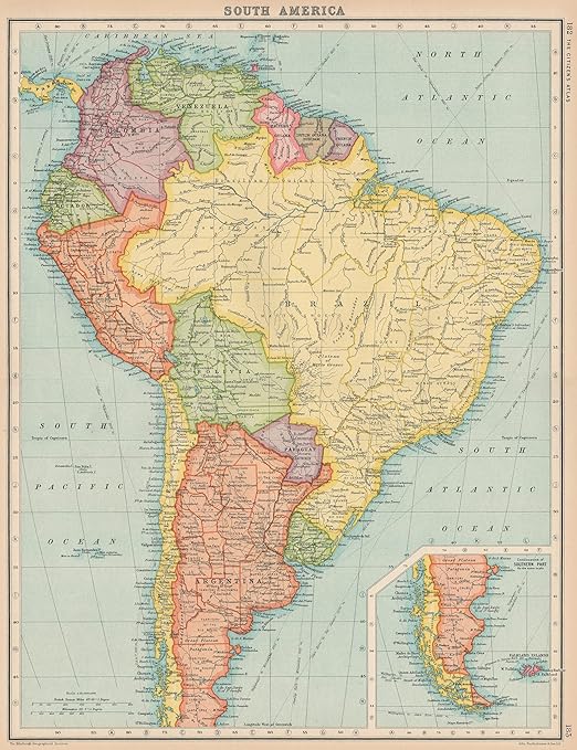 Old Map South America South America. Political. Bartholomew - 1924 - Old Map - Antique Map -  Vintage Map - Printed Maps Of South America : Sports & Outdoors