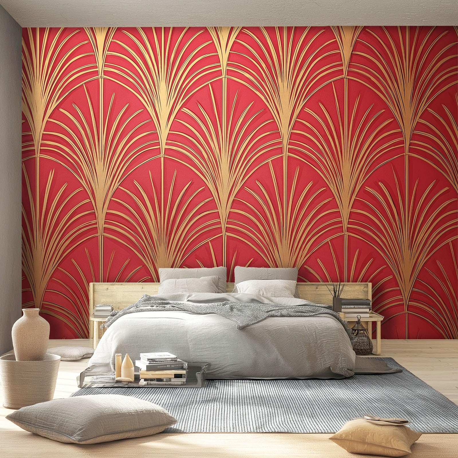 Nowoczesny mural ścienny tapeta z włókniny czerwone złoto - geometryczna tekstura w kształcie wachlarza elegancki design do salonu i sypialni, duża zdejmowana dekoracja ścienna, bez kleju, 350 x 256