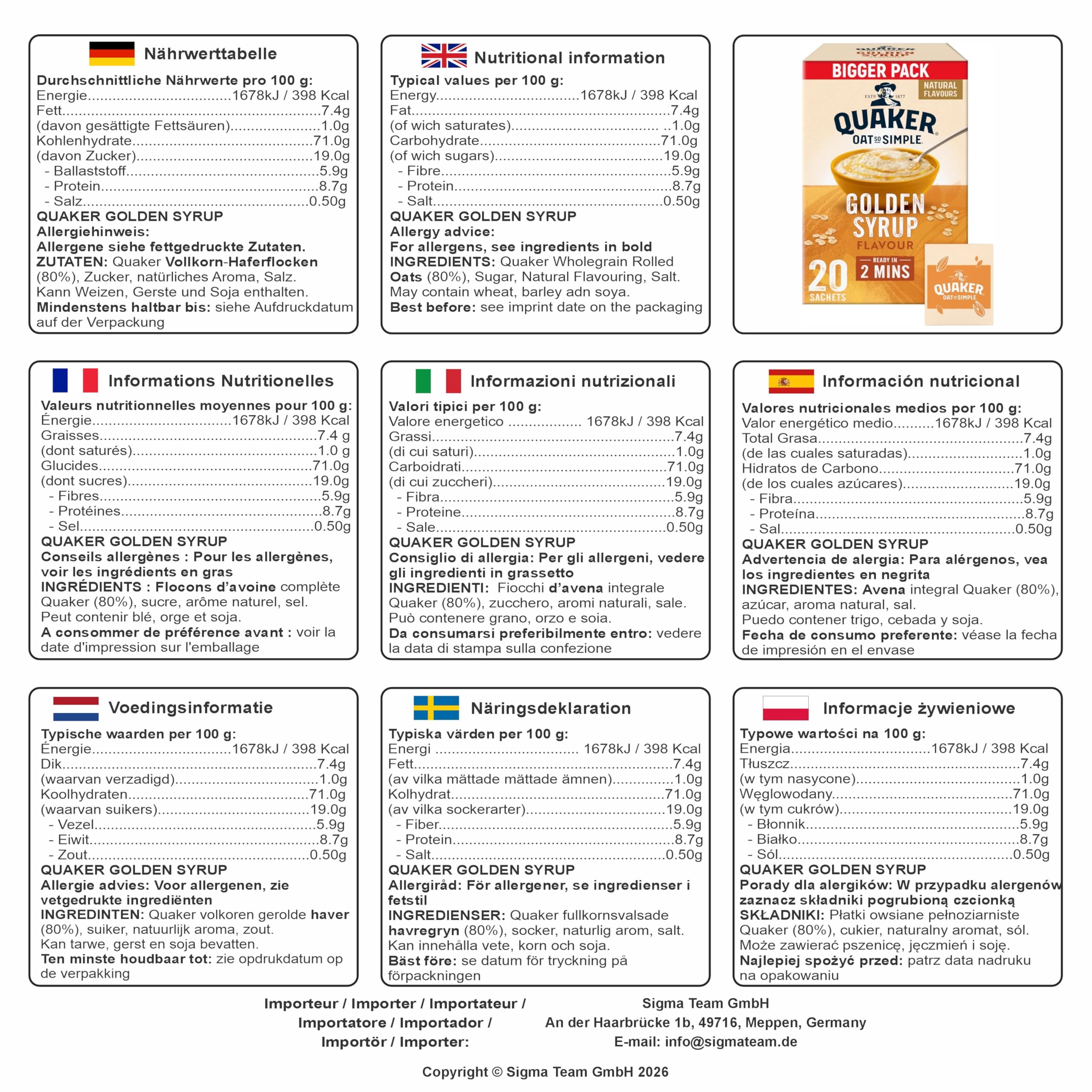 Cleverry set con Quaker Oat So Simple Farina D'Avena Porridge Originale 20 buste x 27g e Golden Syrup 20 buste x 36g – Oatmeal per una deliziosa colazione
