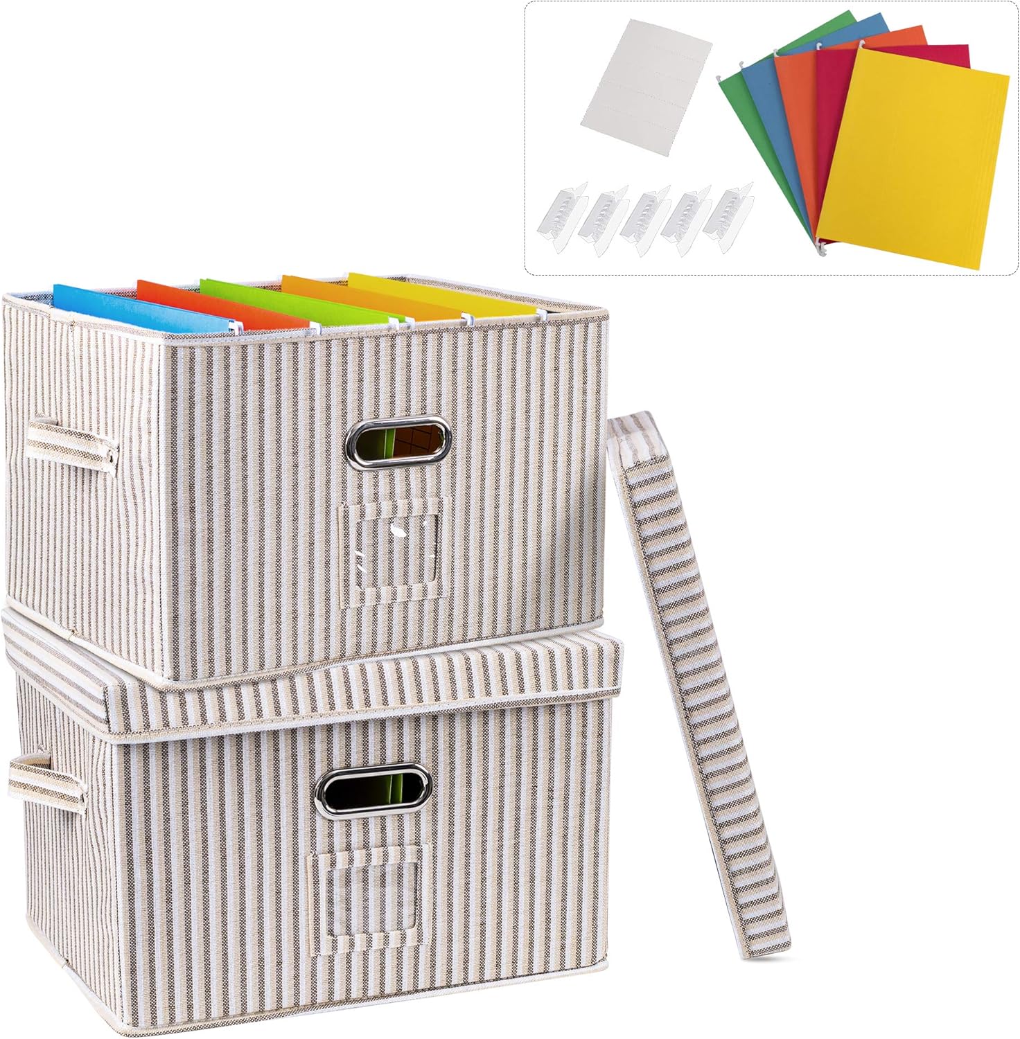Decosis 2 Pack File Storage Box with Hanging Folder for Office, Collapsible Linen Organization with Lid for Home, Document Storage Organizer with Handles for School, Beige Stripe Pattern: Home Improvement