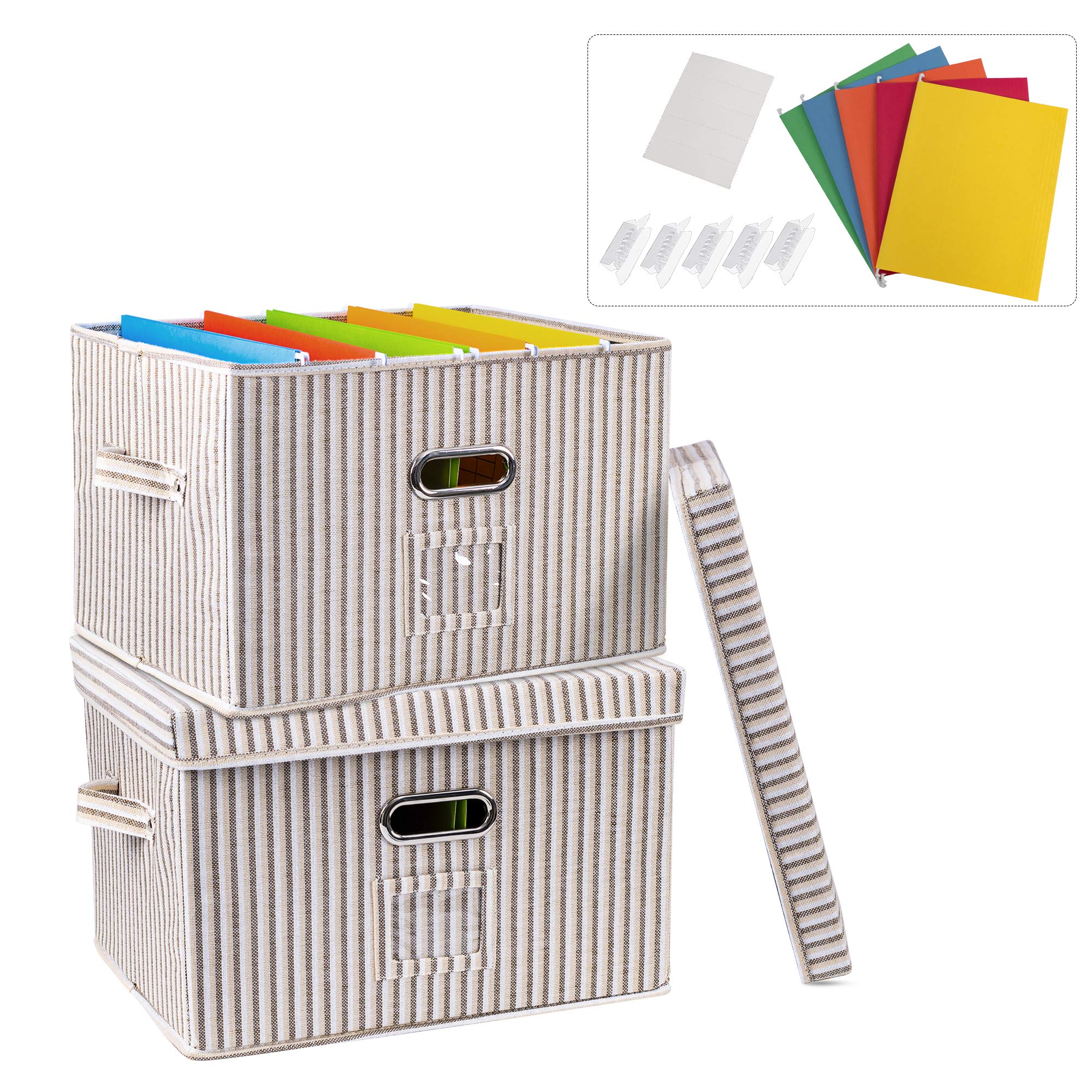 DECOSIS2 Pack File Storage Box with Hanging Folder for Office, Collapsible Linen Organization with Lid for Home, Doent Storage Organizer with Handles for School, Beige Stripe Pattern