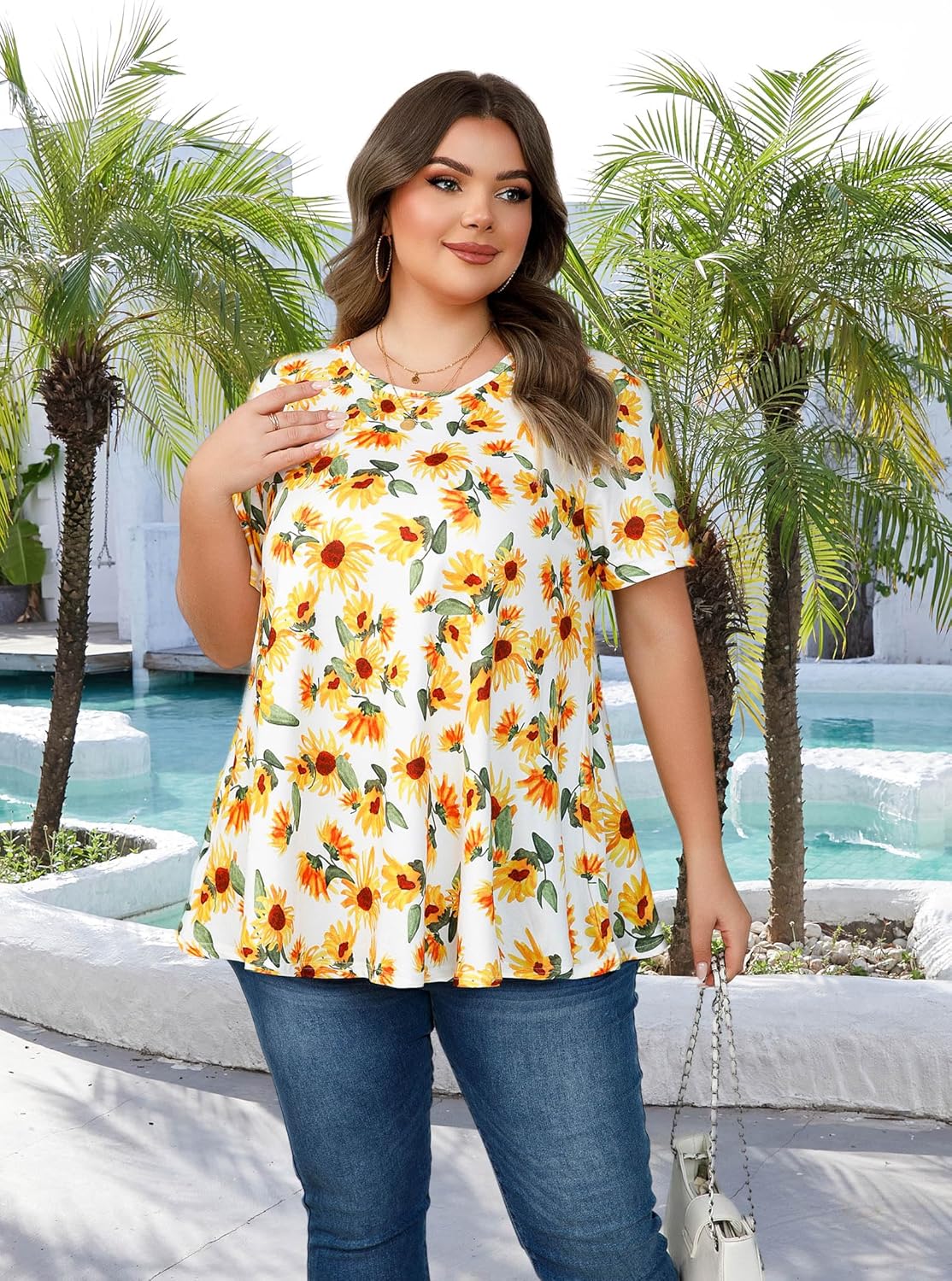 Plus Size Tunics - Womens Tops 3/4 Sleeve Loose Fit Dressy Casual Long Swing Flowy Lady Blouses Shirts Wear with Leggings White Yellow Floral Flower - Image 4