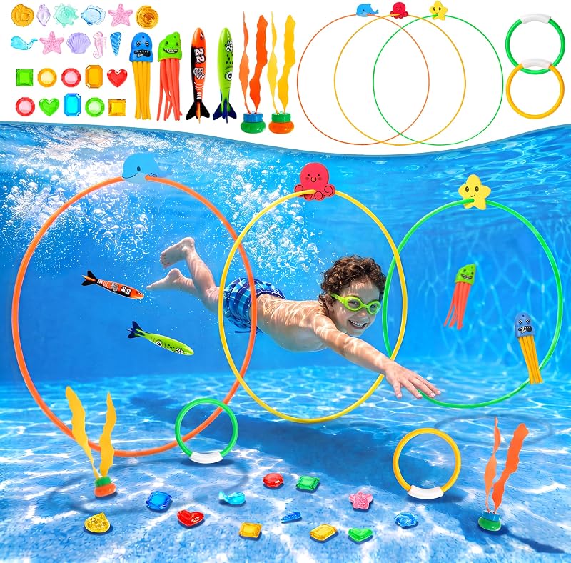 SYNCFUN Pool Toys Diving Rings,32PCS Swim Rings Pool Game Set Toys with Dive Ring Gem Seaweed Underwater Shark Jellyfish Water Swimming Toy for Kids Teens Adults Boys Girls