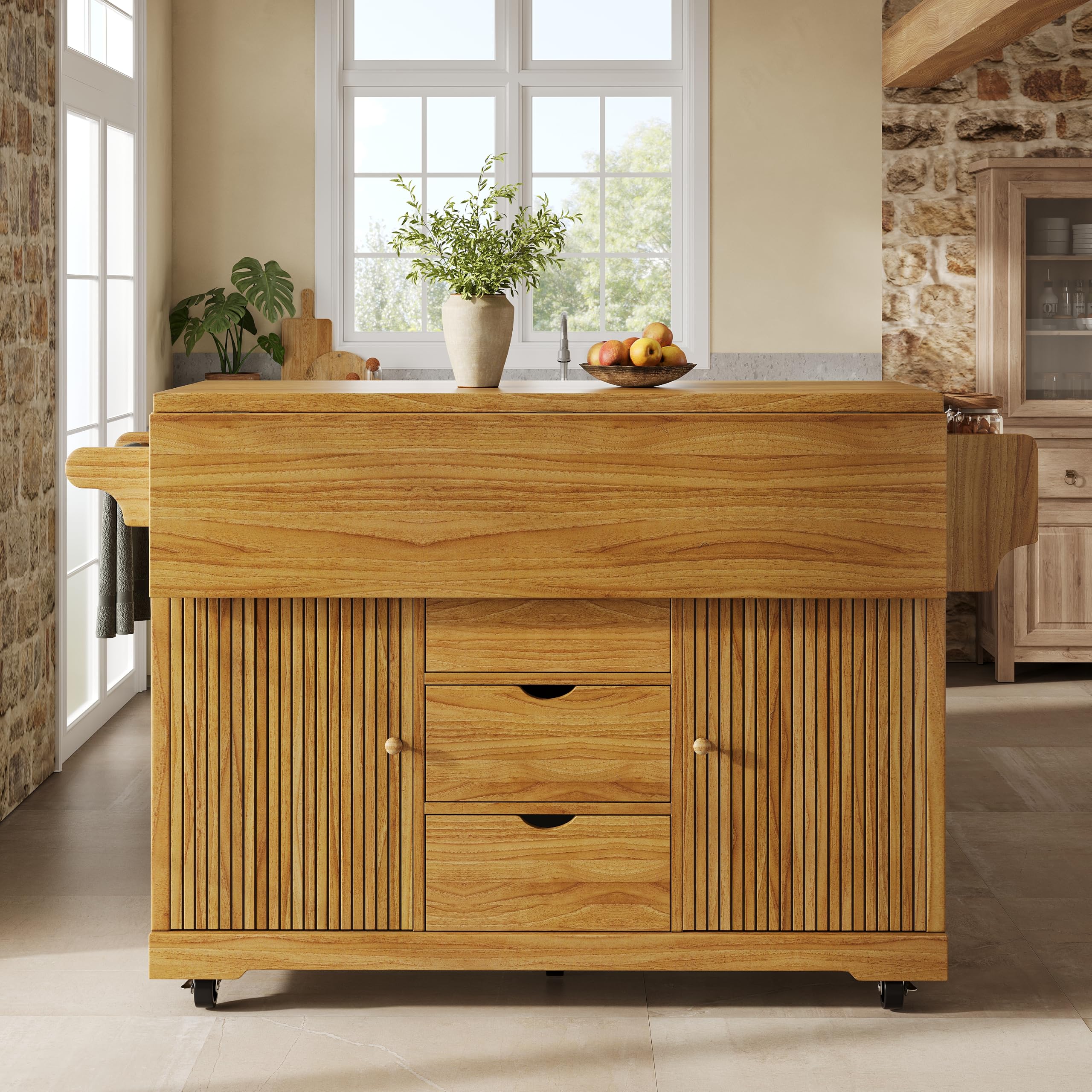SUKY Carrito de servir con extensión de mesa plegable, 95 cm de altura ergonómica, cajones, encimera, ruedas con bloqueo, color marrón oscuro