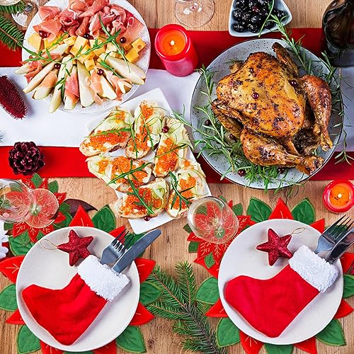 Miniatura 4 de Tudomro Juego de 12 manteles individuales y posavasos de Navidad de 14 pulgadas, manteles individuales bordados lavables con flores rojas para