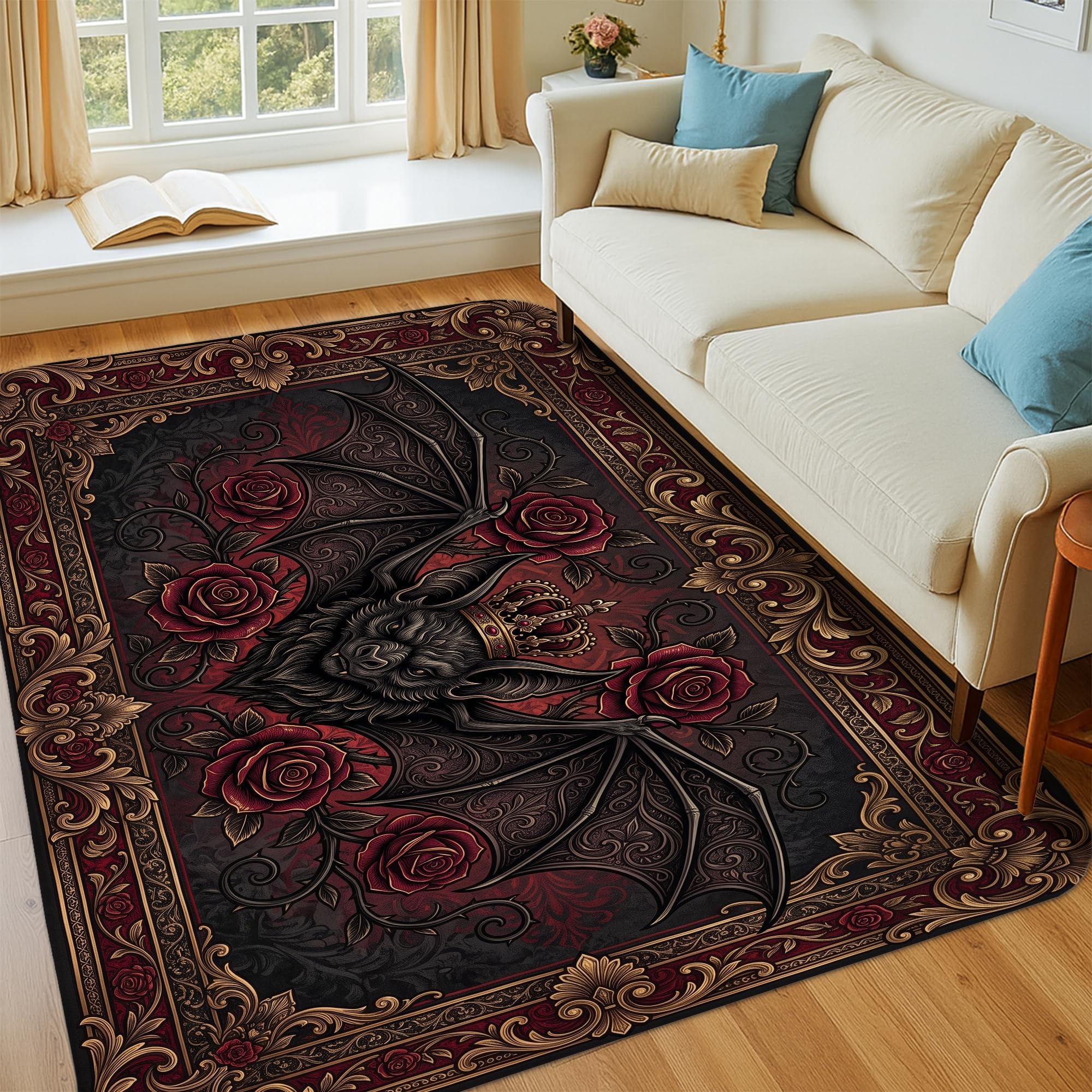 Fledermaus-Teppich, Gothic, viktorianische Rosen, königliches Halloween, schwarz, niedriger Flor, Schwammkante, Einfassung, rechteckig, Teppich für Wohnzimmer, Schlafzimmer, Flur, Büro, Dekoration
