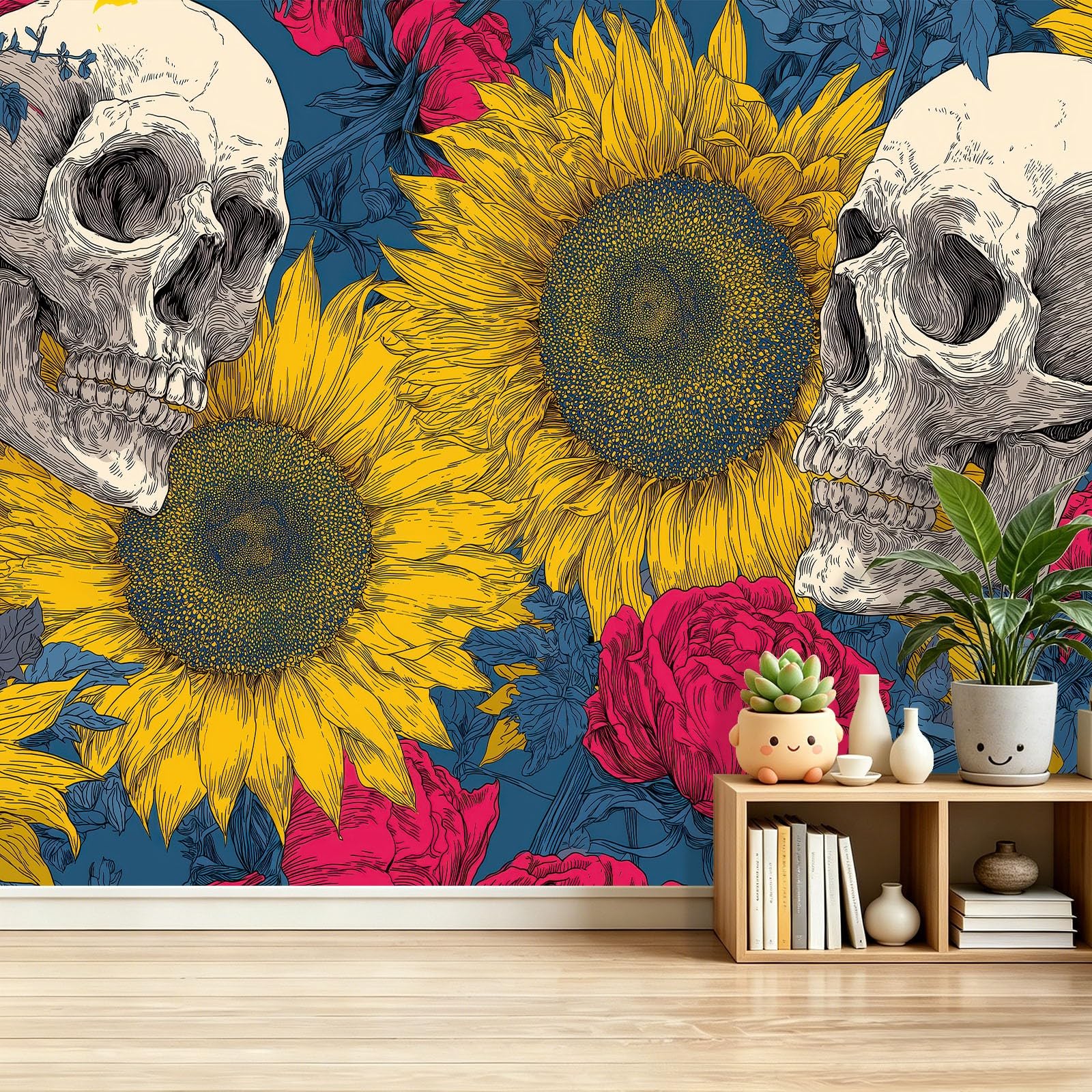 Papier peint panoramique intissé crâne pour salon rétro | Grand poster mural 250x175 cm