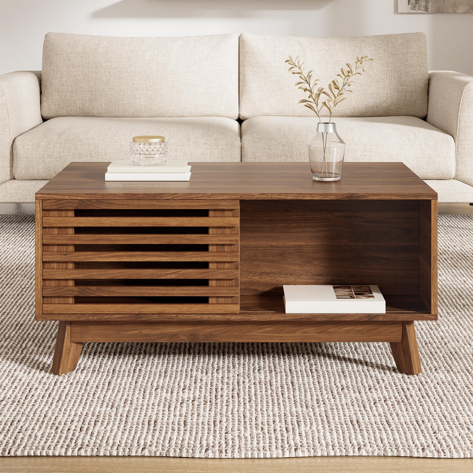 SACOOL Mesa de centro moderna retro, altura ajustable, puerta corredera, efecto nogal, cuerpo de MDF, mesa de salón multifuncional, nogal