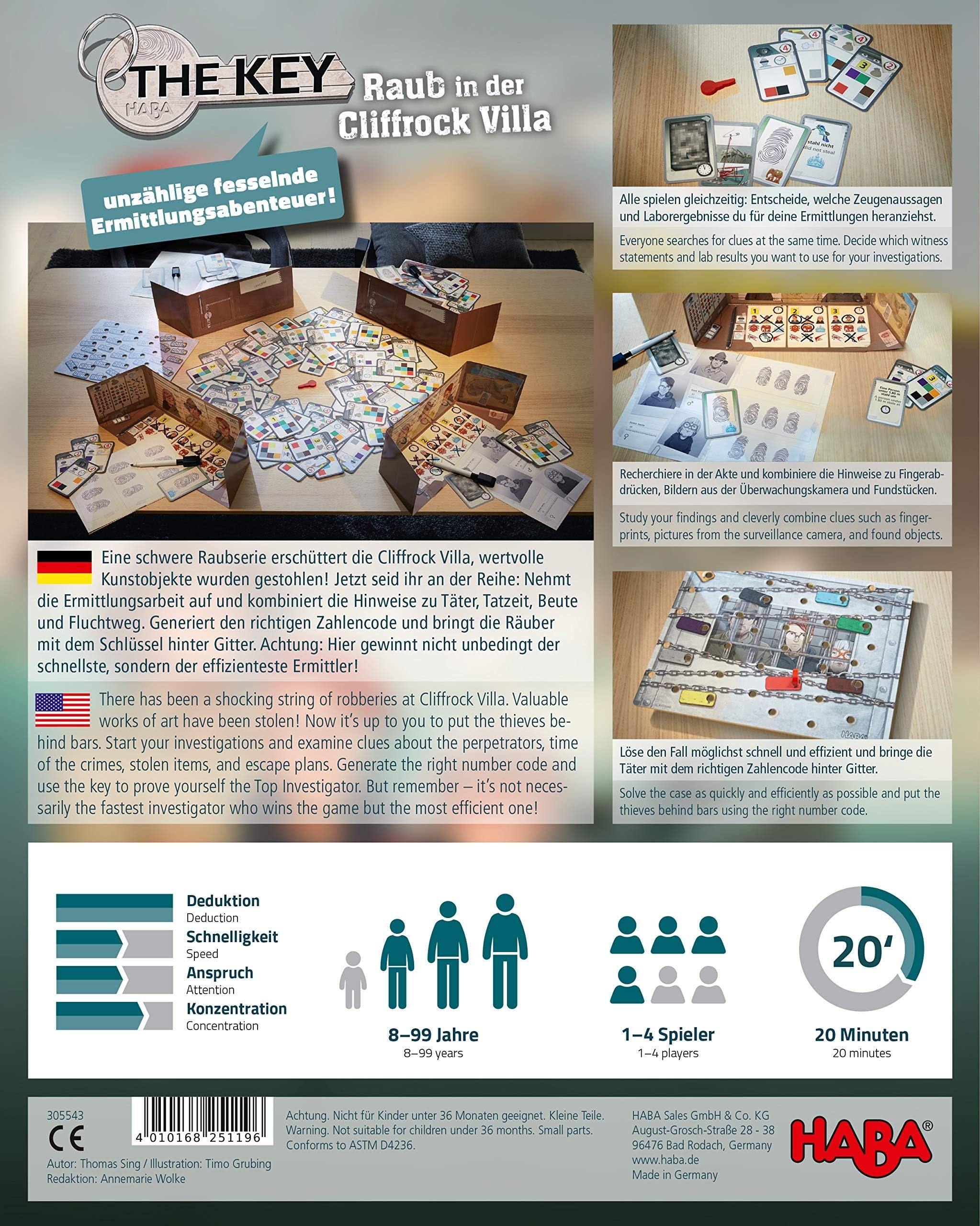HABA 305543 The Key- Theft in Cliffrock Villa- An Investigation Game for 1 to 4 Clever Detectives Ages 8 and up- English Instructions (Made in Germany)