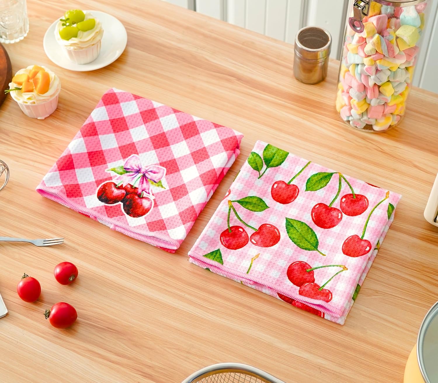 InnoBeta Cherry Kitchen Decor, Bathroom Decor, Hand Towel 2 Pack, 16 x 24 in Microfiber Dish Tea Towel, Cute Cherry Gifts, Gingham - Image 2